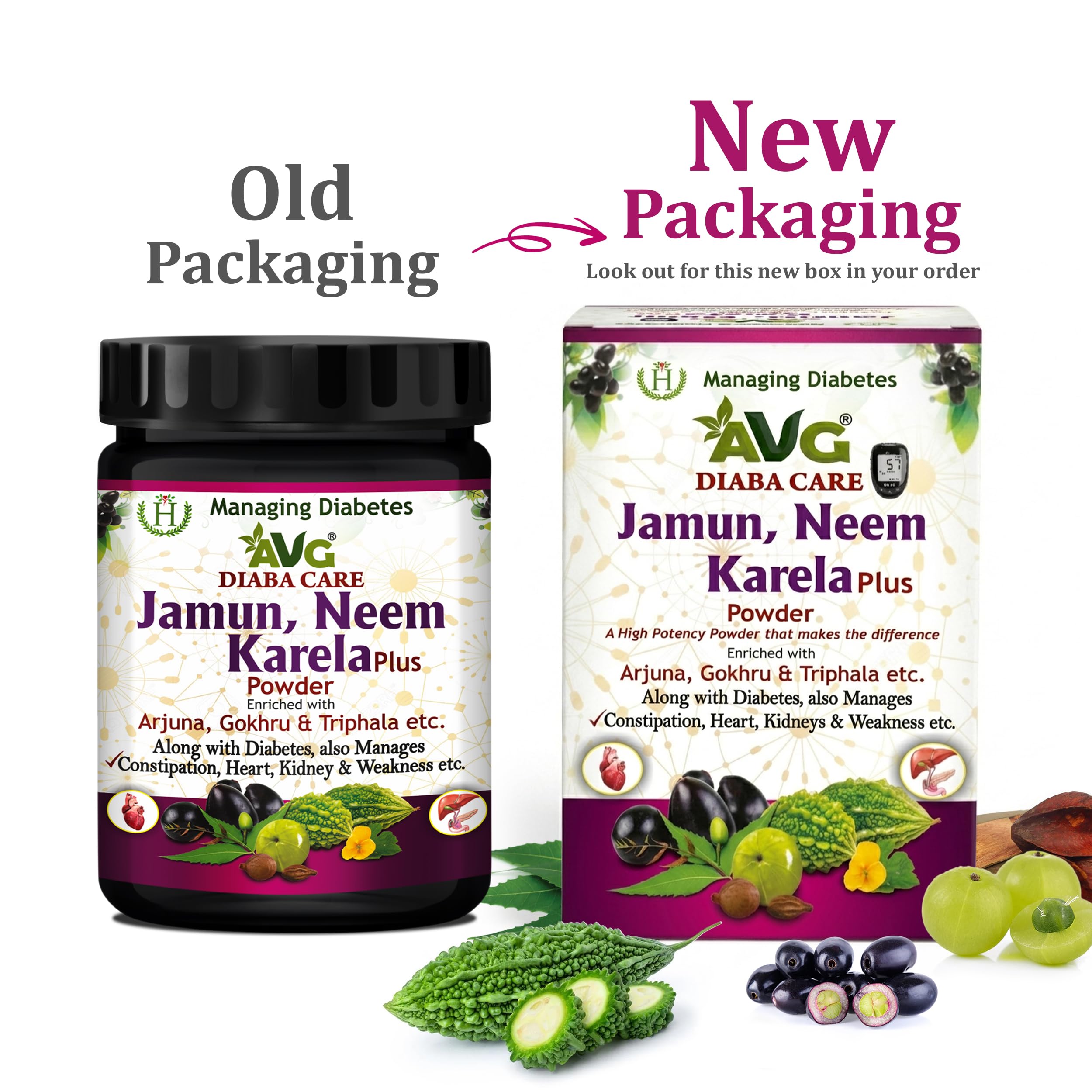 AVG Health Organics Diaba Care Karela Jamun Neem Powder 200gm each, Pack of 2 Diabetes Care Ayurvedic Supplement with Arjuna, Gokhru & Triphala, Helps in Relieving Constipation