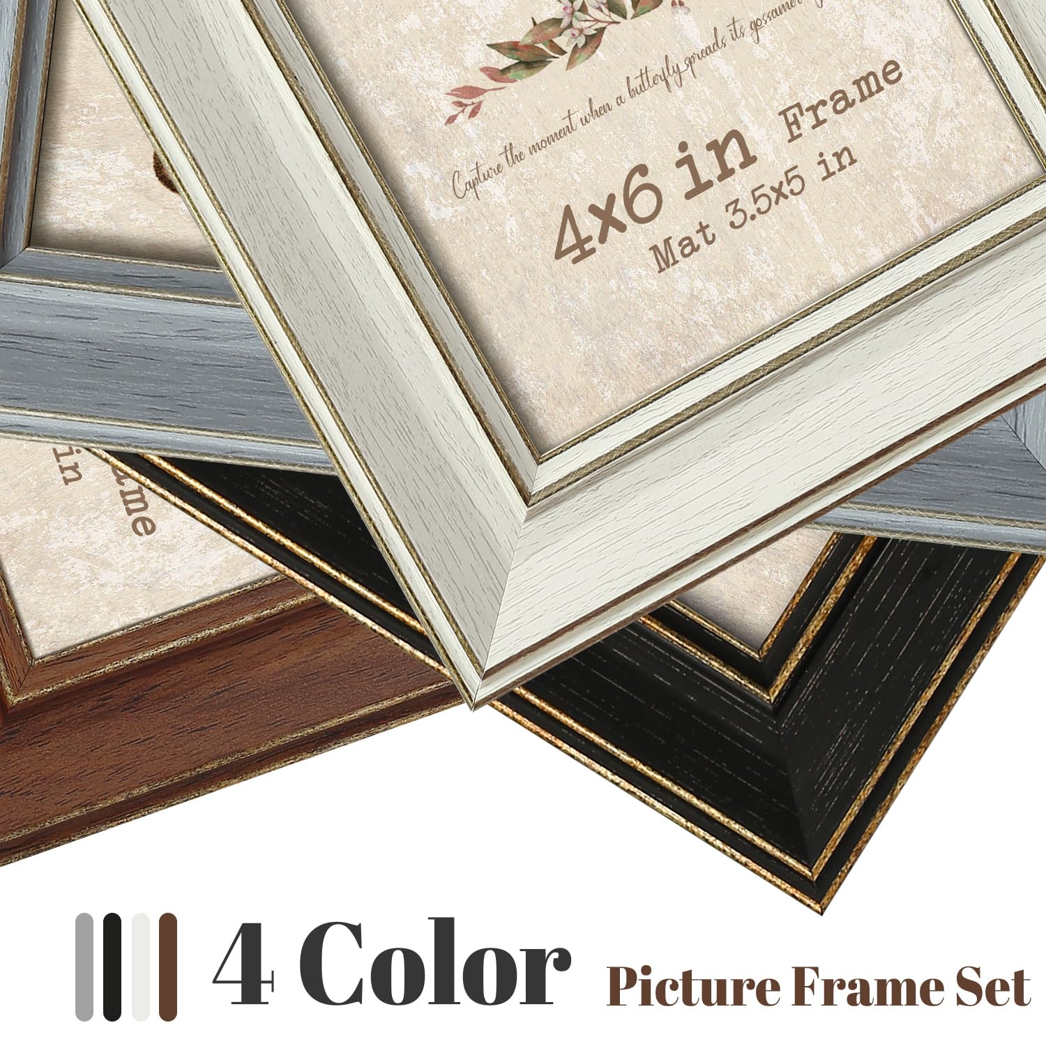4x6 Picture Frames Set of 4, Rustic Farmhouse Photo Frame with Tempered Glass, Distressed Vintage Frame Bulk 3.5x5 With Mat and 4x6 Without Mat for Wall Mount or Tabletop Display, Home Office Gift