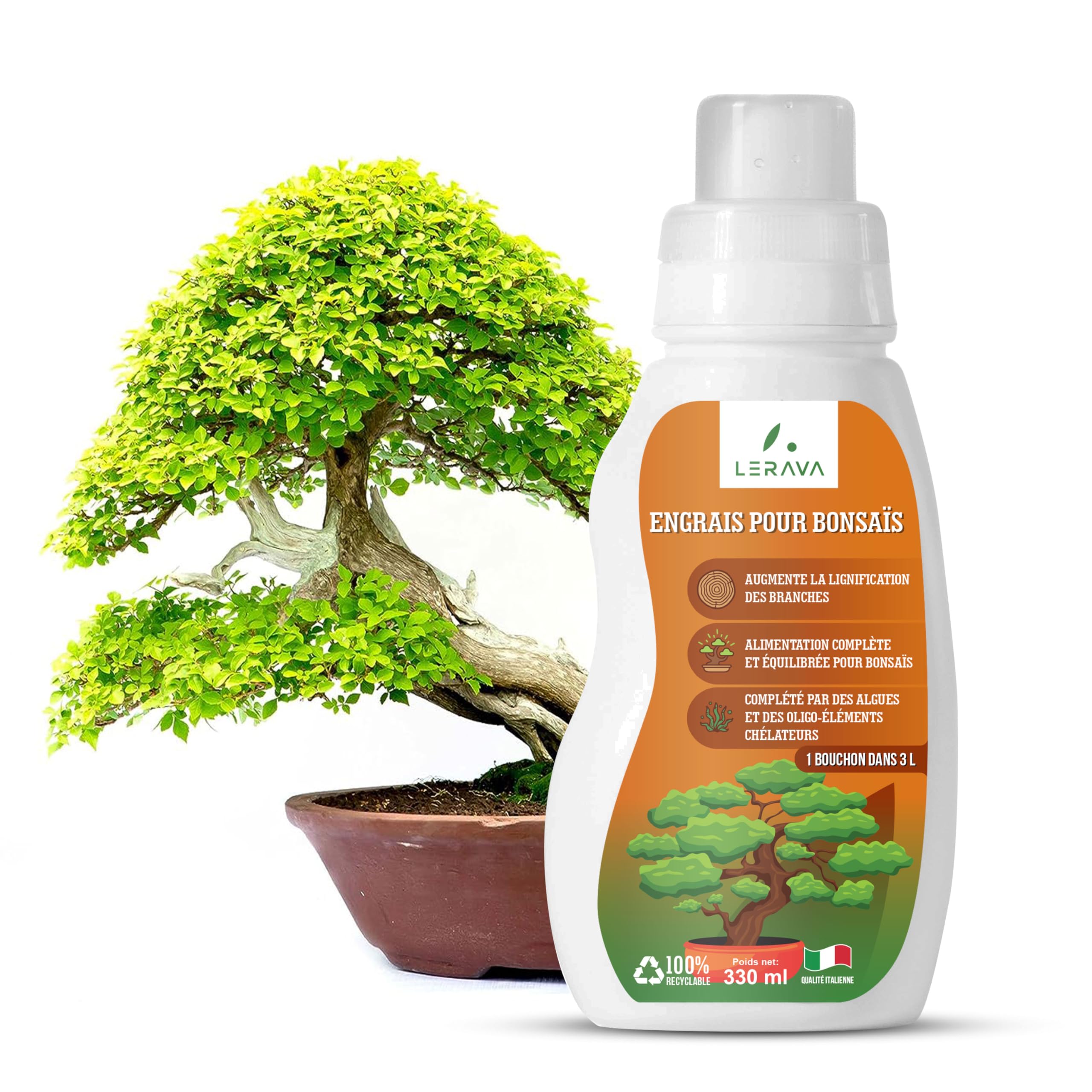 LERAVA Engrais Bonsai Liquide 330ml avec Tapo Doseur - Engrais Ficus Ginseng, Carmona, Tamac - Favorise Lignification - Made in Italy