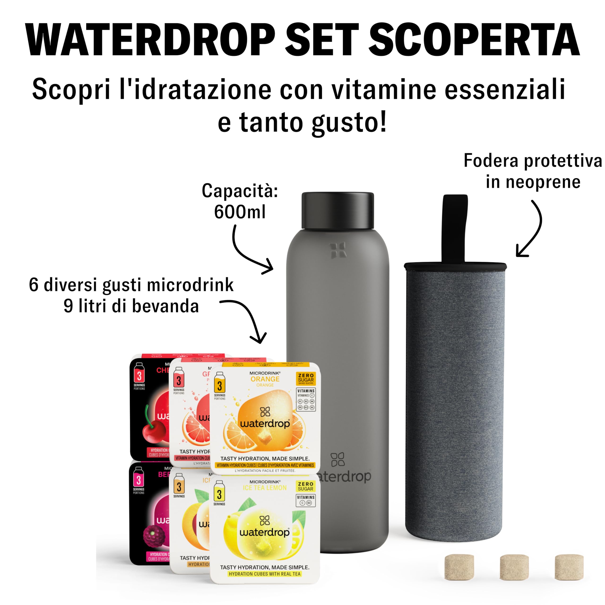 waterdrop® Bottiglie Vetro 600ml con 18 Drops senza zucchero - idee regalo donna - Pacchetto degustazione con Borraccia e 6 gusti aromatizzanti per acqua, senza zuccheri - Cofanetto regalo donna