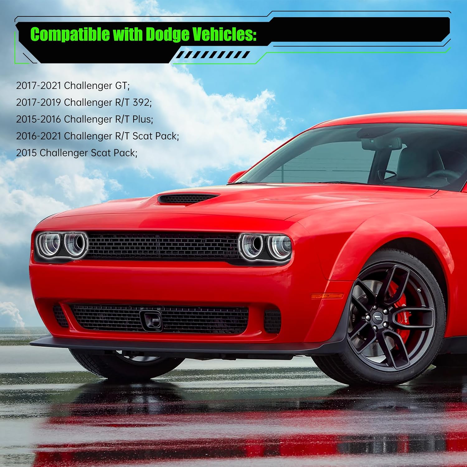 Front LED Headlight Cover With Amber Turn Signal Light Compatible with Dodge Challenger 2015-2021 Exterior Lamp Headlight Trim Frame Headlight Bezel Set, Carbon Fiber (NOT Fit Factory HID Headlight)