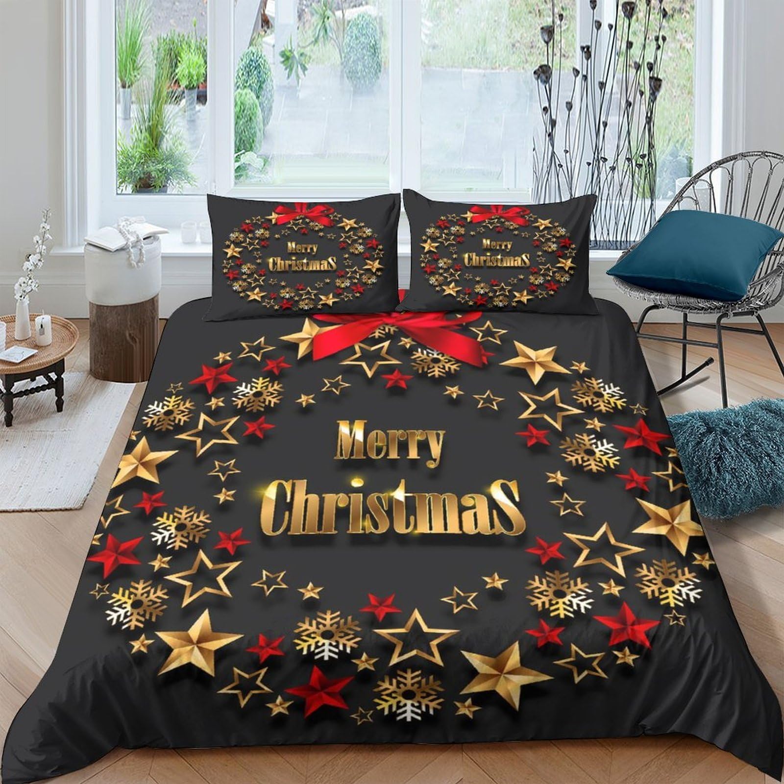 Ctjqhvkz Style-4 3D Printed Christmas Wreath Fitted Sheet Microfiber Black Gold Star Merry Christmas Bed Cover For Bedroom Guest Room Single（135X200cm）