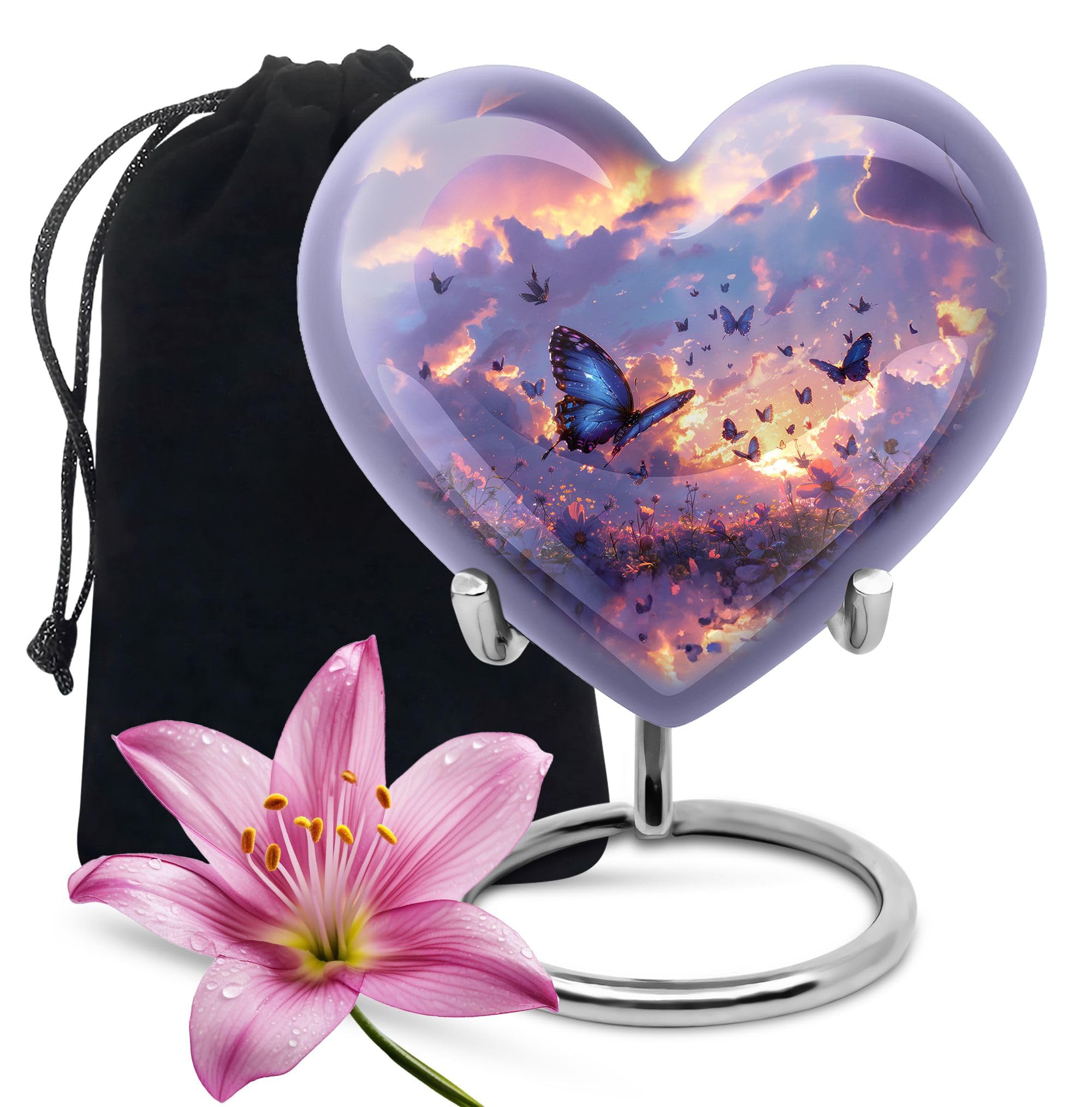 YATHABHISA Twilight Butterflies Urn, Heart Urn for Human Ashes, Large Decorative Urns for Adults, Memorial Cremation Urns Container (8 Inch)