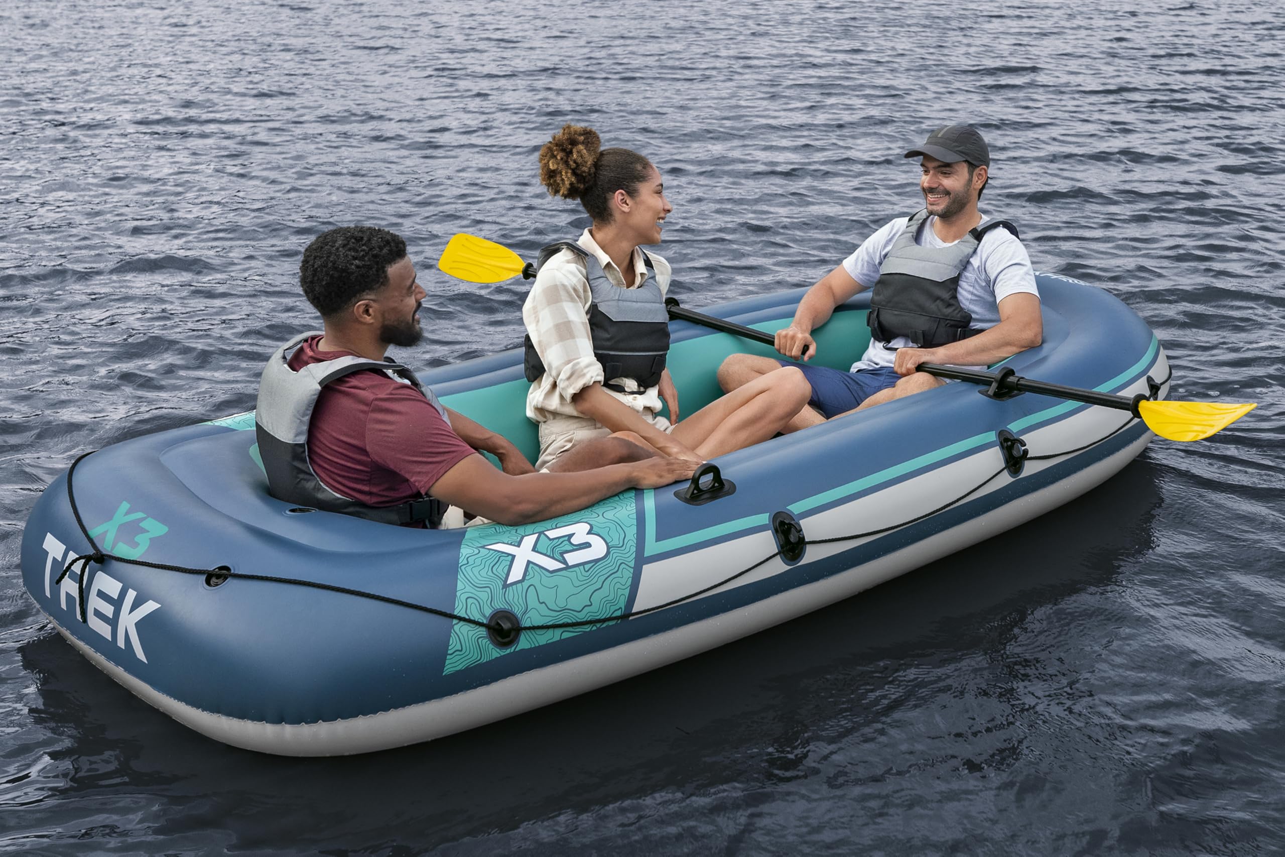 Bestway Hydro Force Schlauchboot-Set Trek X3, 294 x 137 x 39 cm, 2 Erwachsene, bis 360 kg, 3 Luftkammern, PVC, Ruderdollen, Tragegriff, Halteleine, aufblasbarer Boden, Pumpe, Ruder, GS-Zertifiziert