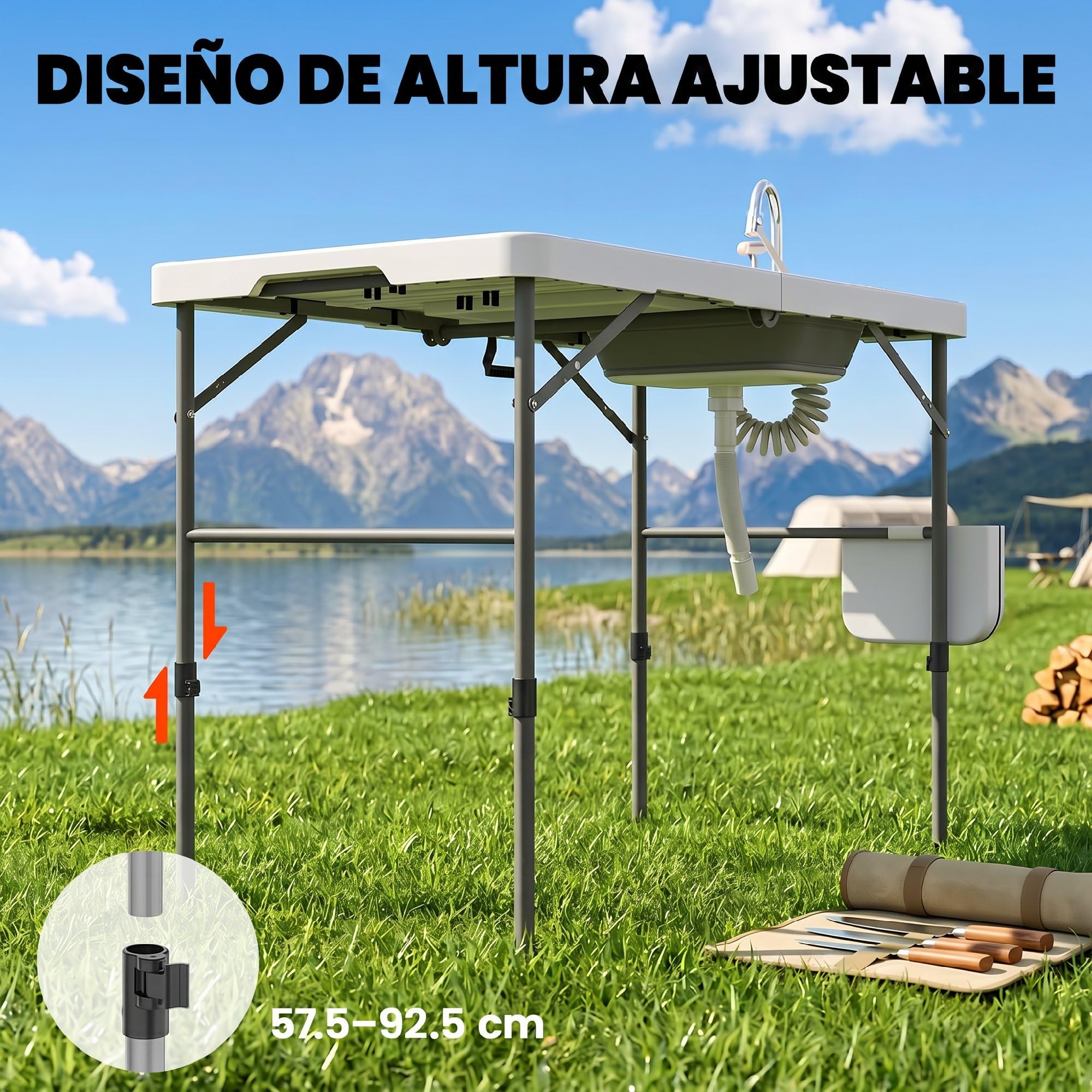 Outsunny Table de Nettoyage Portable pour Poissons, Table Pliante de Camping à Hauteur réglable, Robinet, évier et Panier Pliables, Tuyau, Sac de Transport, règle, rainures, Station de Nettoyage pour