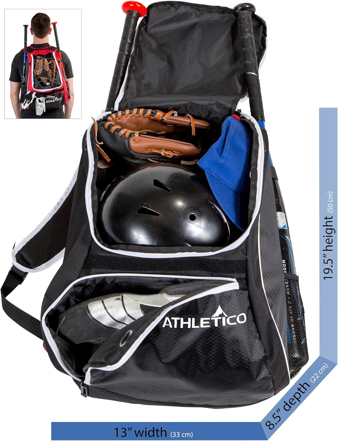 Athletico Baseball Bat Bag - Backpack for Baseball, T-Ball & Softball Equipment & Gear for Youth and Adults | Holds Bat, Helmet, Glove, & Shoes |Shoe Compartment & Fence Hook - Image 2