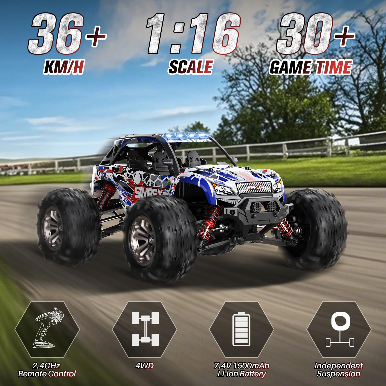 SIMREX 1:16 Scala All-Terrain macchina telecomandata, 36 km/h, 4WD con 2.4GHz Telecomando, RC Auto con Batteria Ricaricabile, Regalo per 6+ anni bambini e adulti