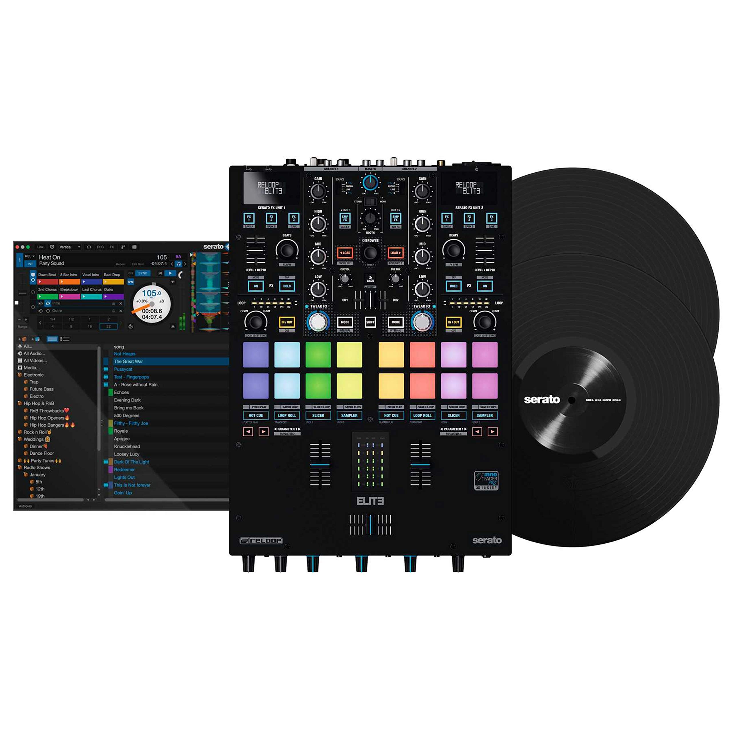reloop ELITE - Mixer professionale per prestazioni DVS per Serato DJ Pro, Controllo fino a 12 modalità di prestazione per piattaforma, 16 Performance Pad RGB grandi e sensibili alla velocità, Nero