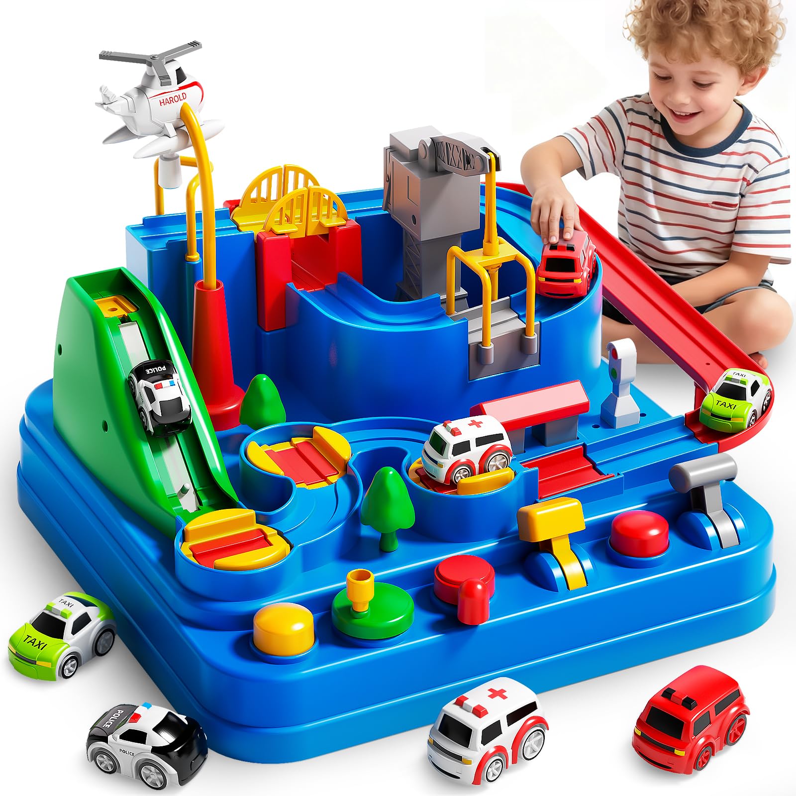 Siwuoke Toys for 3 Year Old Boys, Large City Adventure Car Race Track for Toddlers, STEM Montessori Playset with 4 Cars & Helicopter, Educational