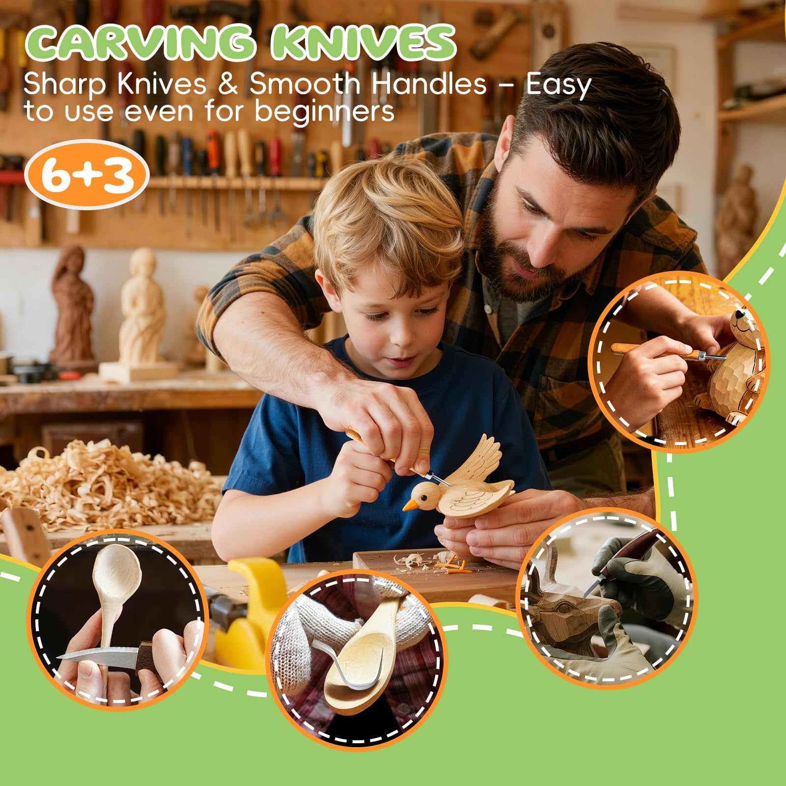 Housolution Kit de Tallado en Madera con Bolsa de Transporte，29PCS Incluye Cuchillos, Cinceles, Bloques de Tilo y Guantes, Herramientas de Carpintería para Principiantes y Aficionados al Bricolaje
