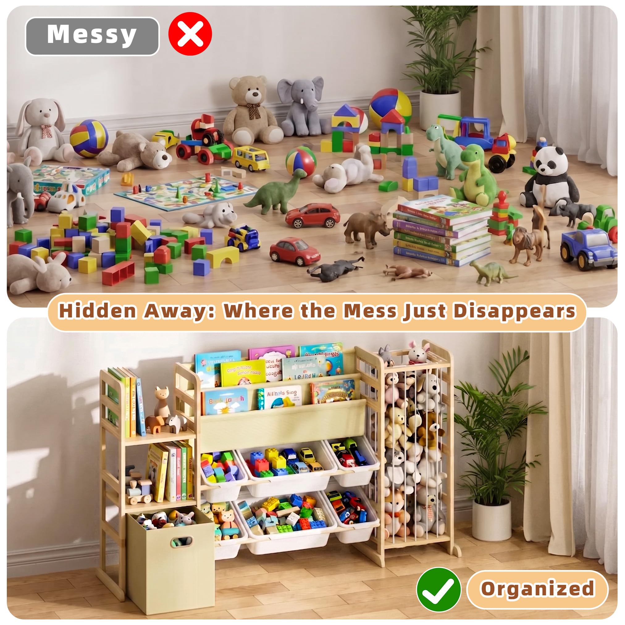 Spielzeug-Aufbewahrungs-Organizer mit Bücherregal und Stofftier-Aufbewahrung – Kinderspielzimmer-Organisation mit Regalen und 7 Spielzeugbehältern, 4-in-1 Kleinkind-Bücherregal aus Montessori-Holz
