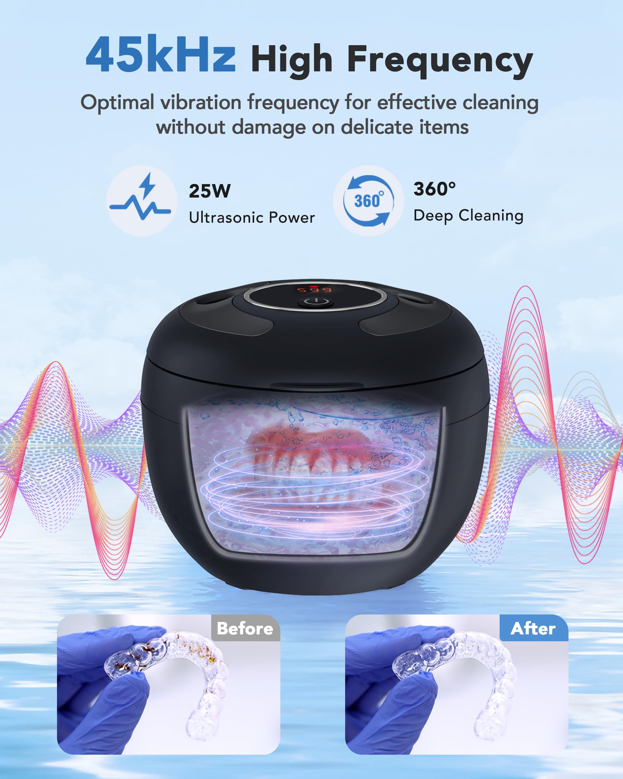 Nettoyeur Ultrasons Appareils Dentaires 45kHz Bac Ultrasons UV Lampe INOX 304 Ultrasonic Cleaner 200ML