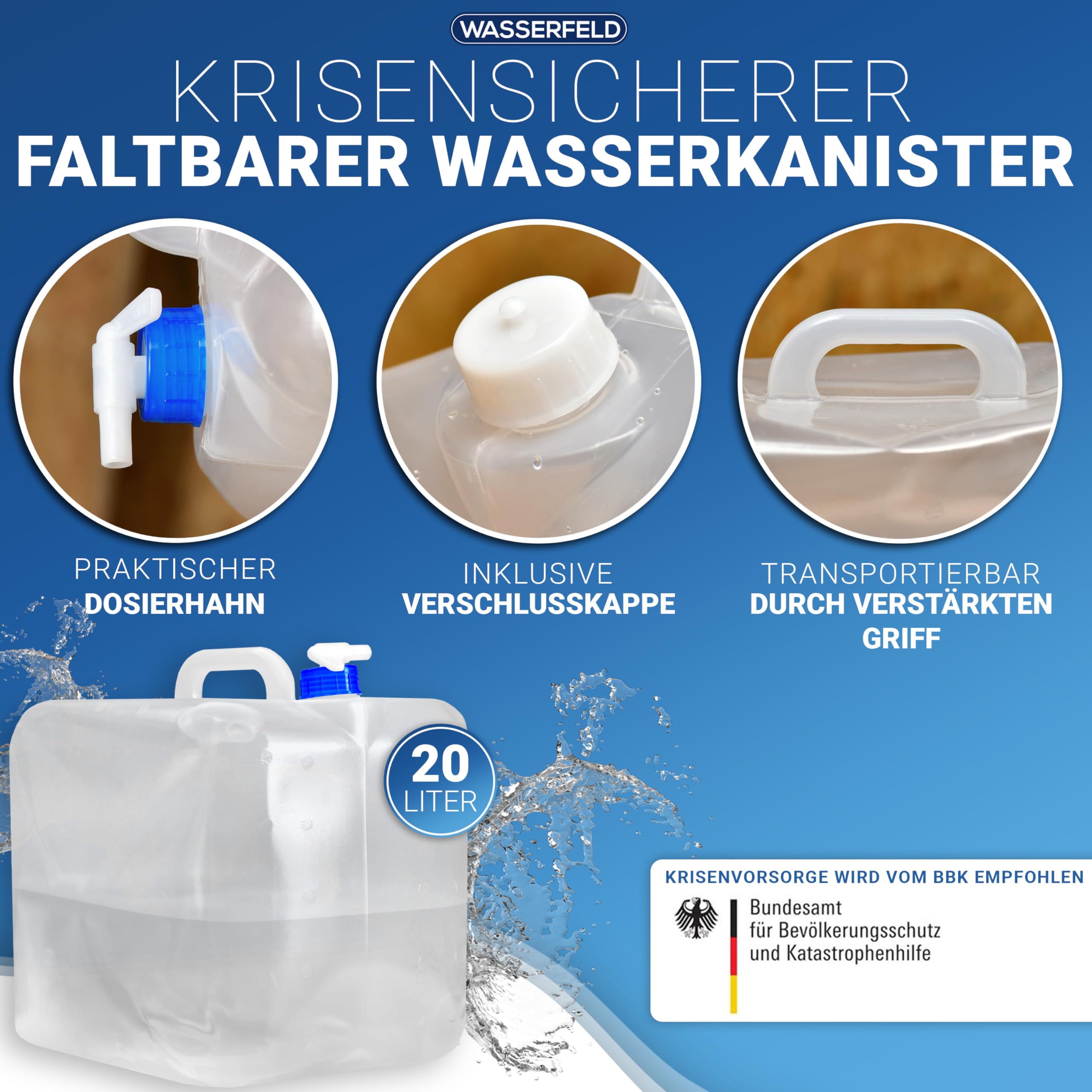 WASSERFELD ® Tanica per acqua pieghevole con rubinetto dosatore a tenuta stagna e manico per il trasporto, robusta tanica per acqua potabile con patta