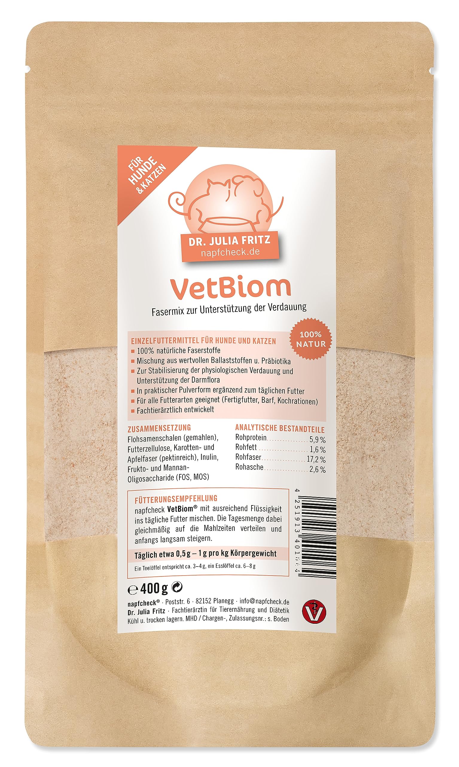 napfcheck VetBiom – Präbiotischer Fasermix für eine geregelte Verdauung - für Hunde und Katzen - 400 g