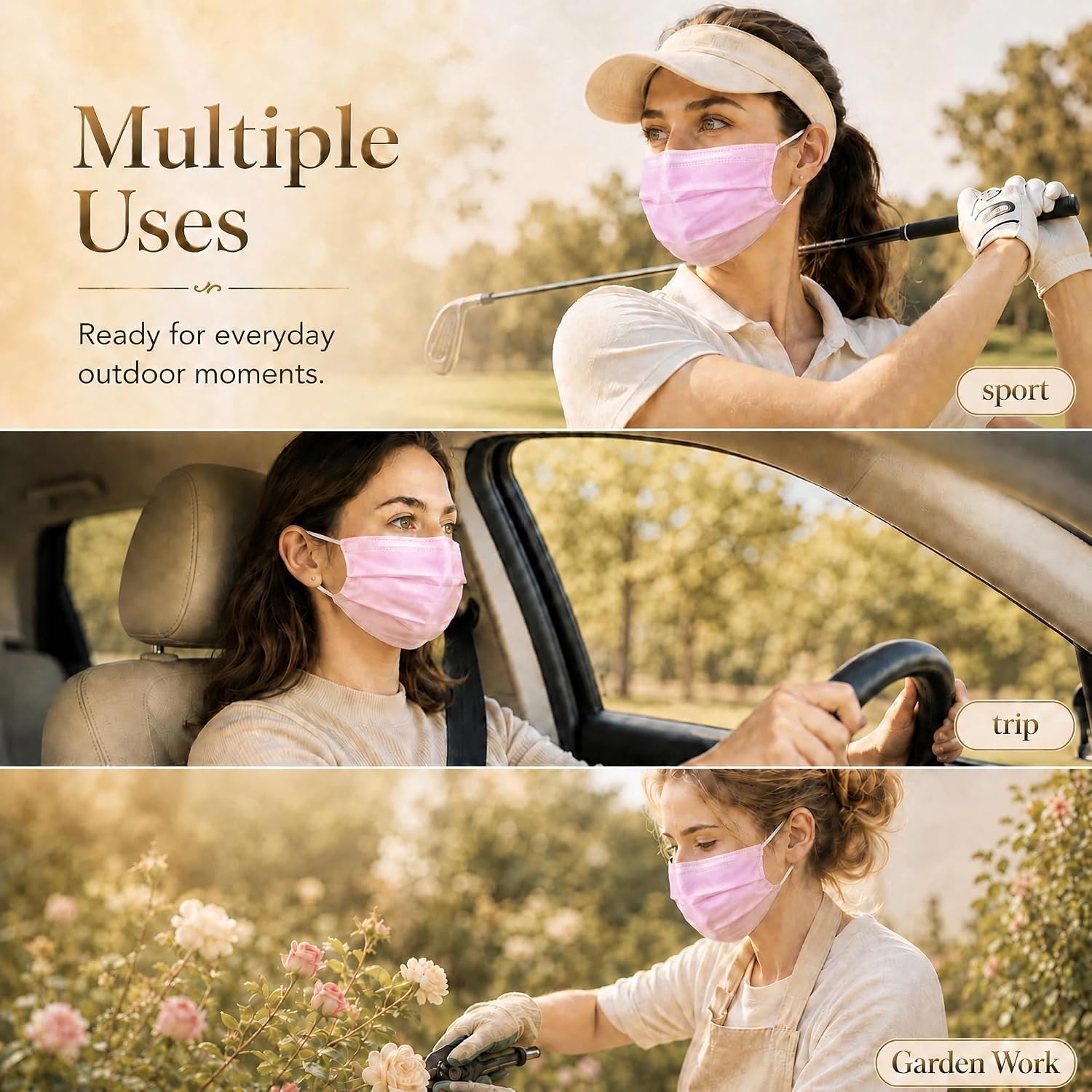 Wecolor 100 Pcs Pink Masks, Disposable Face Mask, 3 Ply Protection Masks