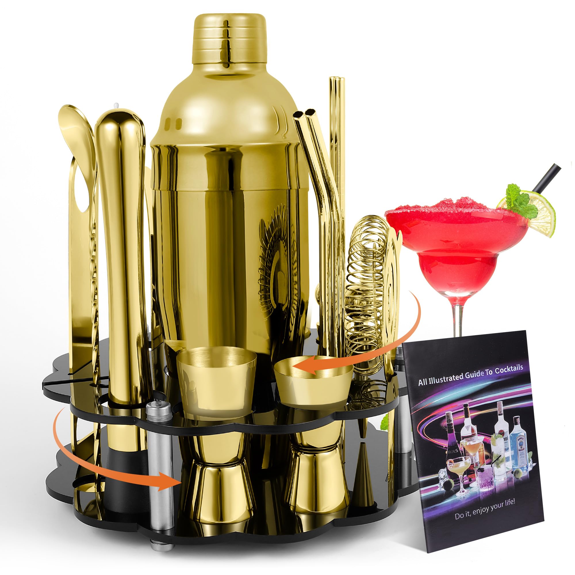 Kit da barista, set da 22 attrezzi da bar con supporto, set regalo con tutti gli accessori essenziali per principianti, perfetta esperienza di miscelazione delle bevande (oro)