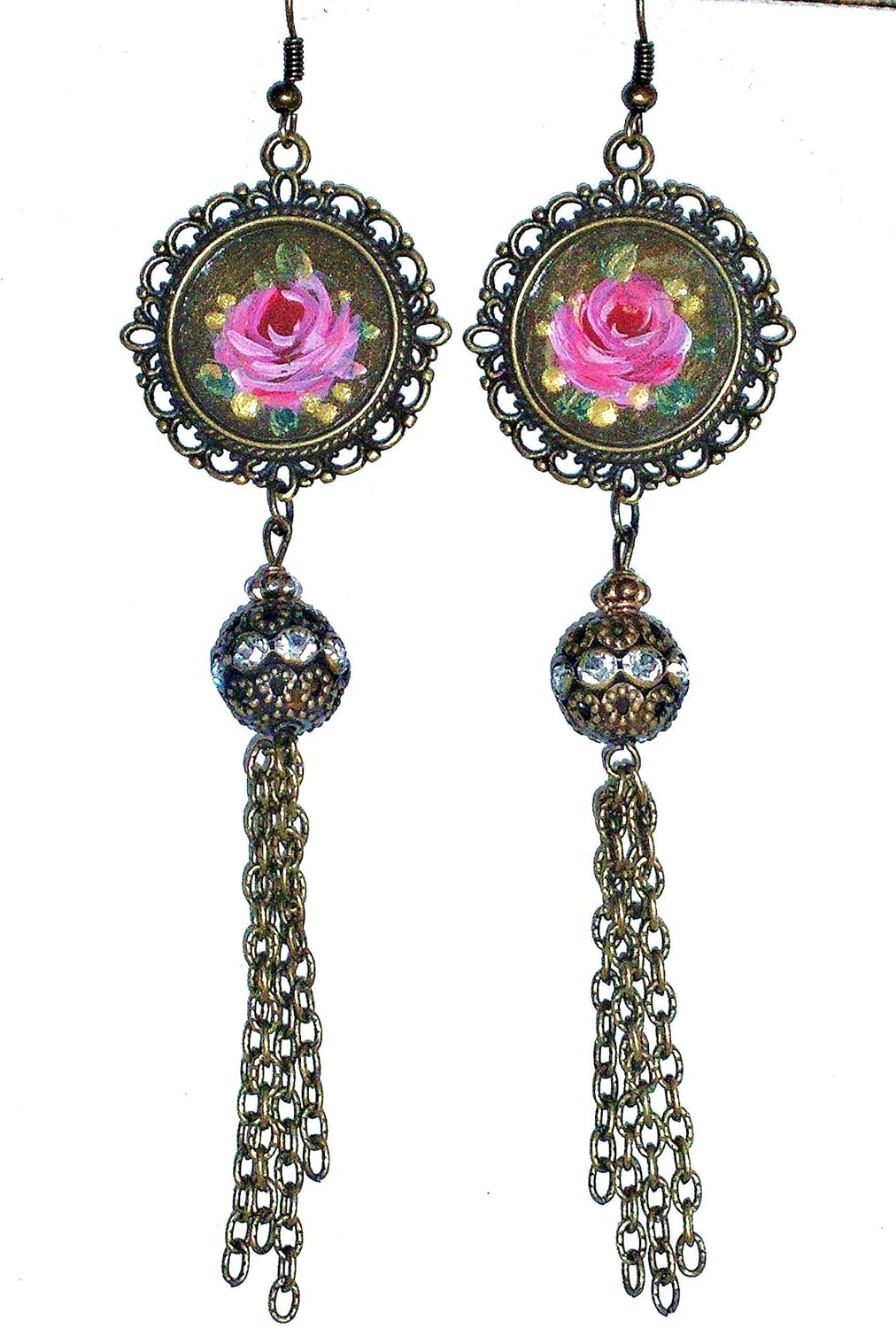 Pretty Boho Romantic Handmade Hand Painted Pink Rose Antiqued Gold Plated Pendant Long Tassel Floral Dangle Earrings for Women