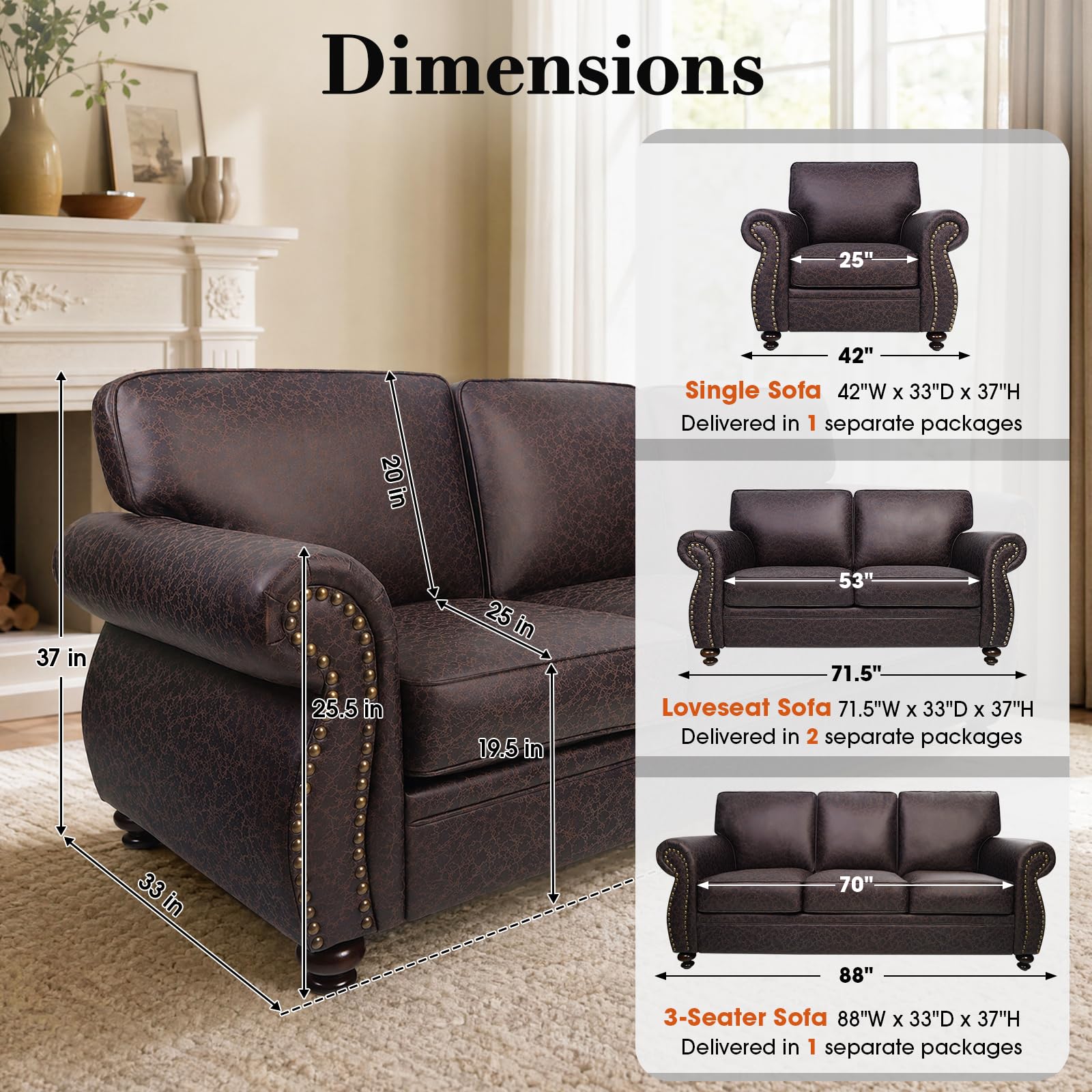 71" W Loveseat Sofa Couch, Faux Leather Fabric Sofas, Brown | Mid-Century Love Seat with Nailhead Trim, Upholstered Couch Set for Living Room Bedroom