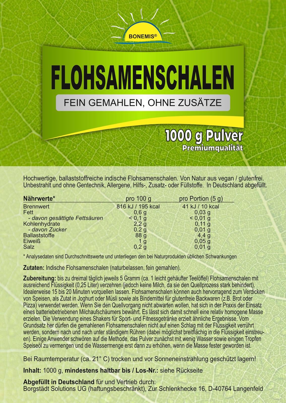 Flohsamenschalen fein gemahlen, naturrein, 2 x 1 kg, ohne Zusatzstoffe