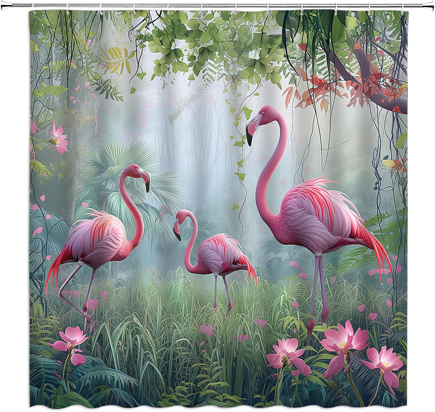 Flamingo Rainforest Shower Curtain Green Forest Tree Pink Floral Animal Jungle Tropical Plant Nature Summer Extra Long Bathroom Decor Curtain with Hooks,70W x84 H