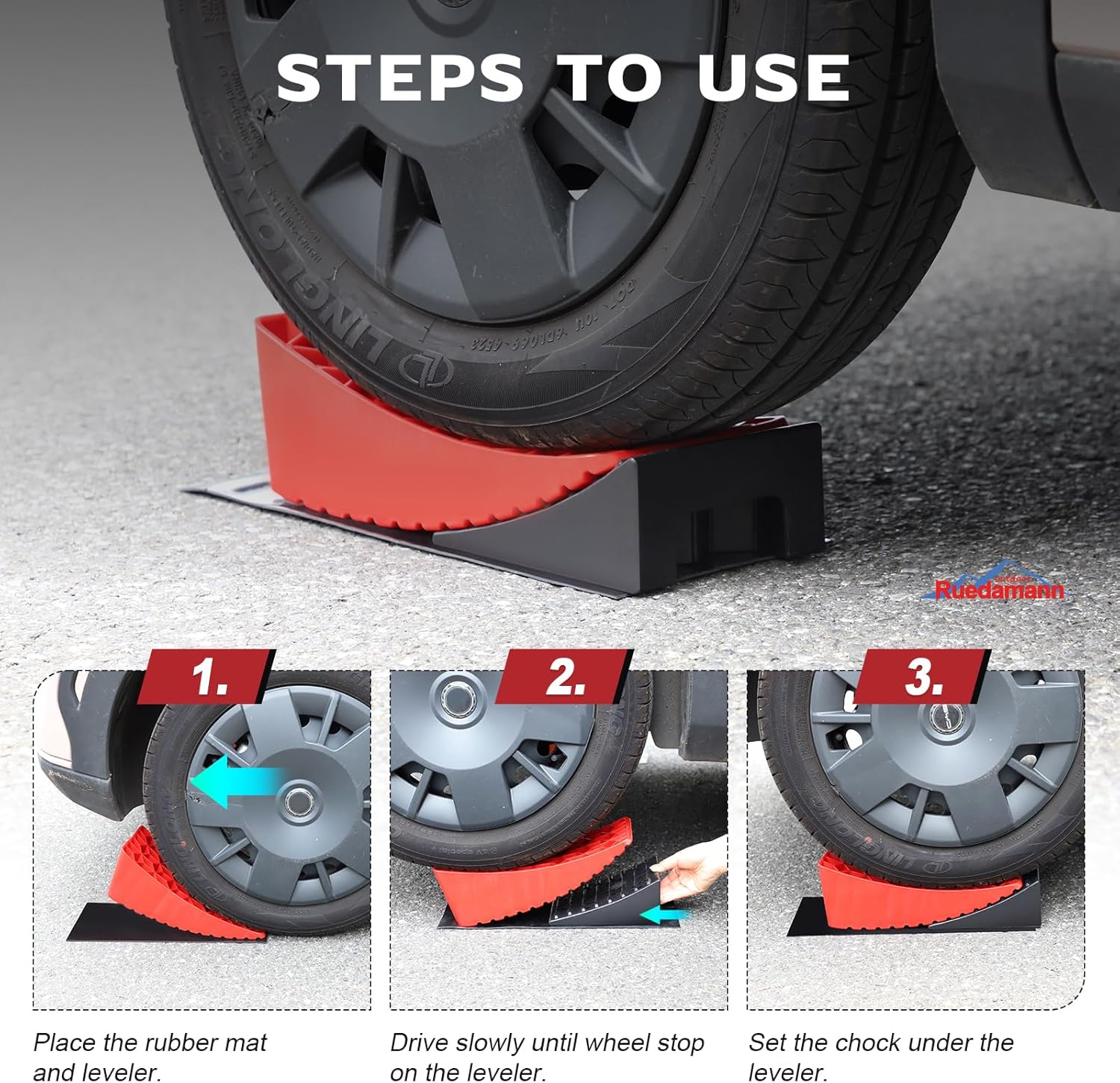 Ruedamann RV Leveling Blocks, Up to 35,000 lbs，Camper Leveler System for Travel Trailers 2 Packs RV Curved Levelers with 2 Wheel Chocks, 2 Non-Slip Mats with Carry Bag, Red