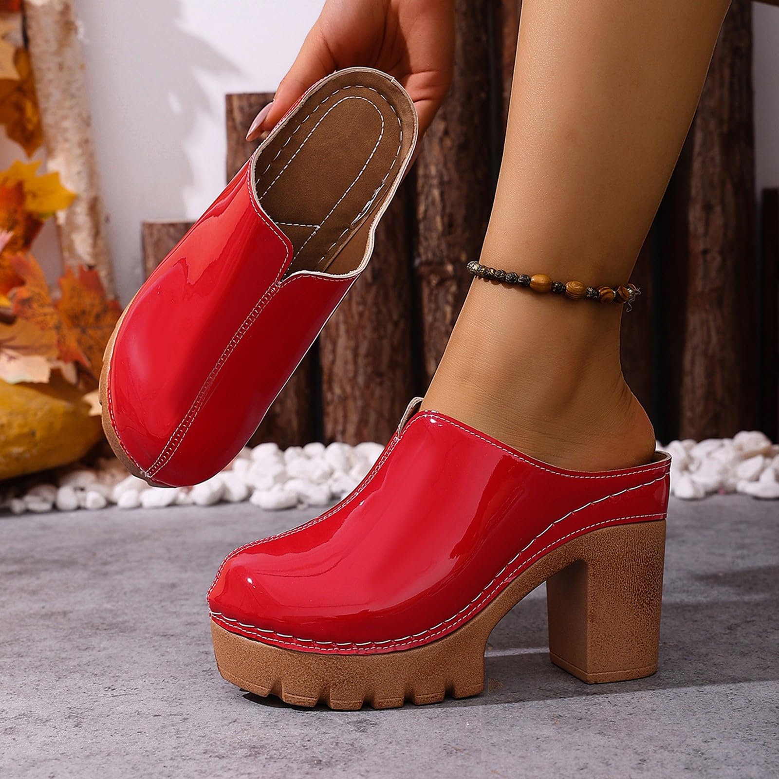 Generisch Zoccoli da donna chiusi, in pelle, con tacco a blocco, plateau | Sandali, eleganti sandali con tacco, antiscivolo, in legno, comodi, impermeabili, scarpe da giardino per giardino e spiaggia