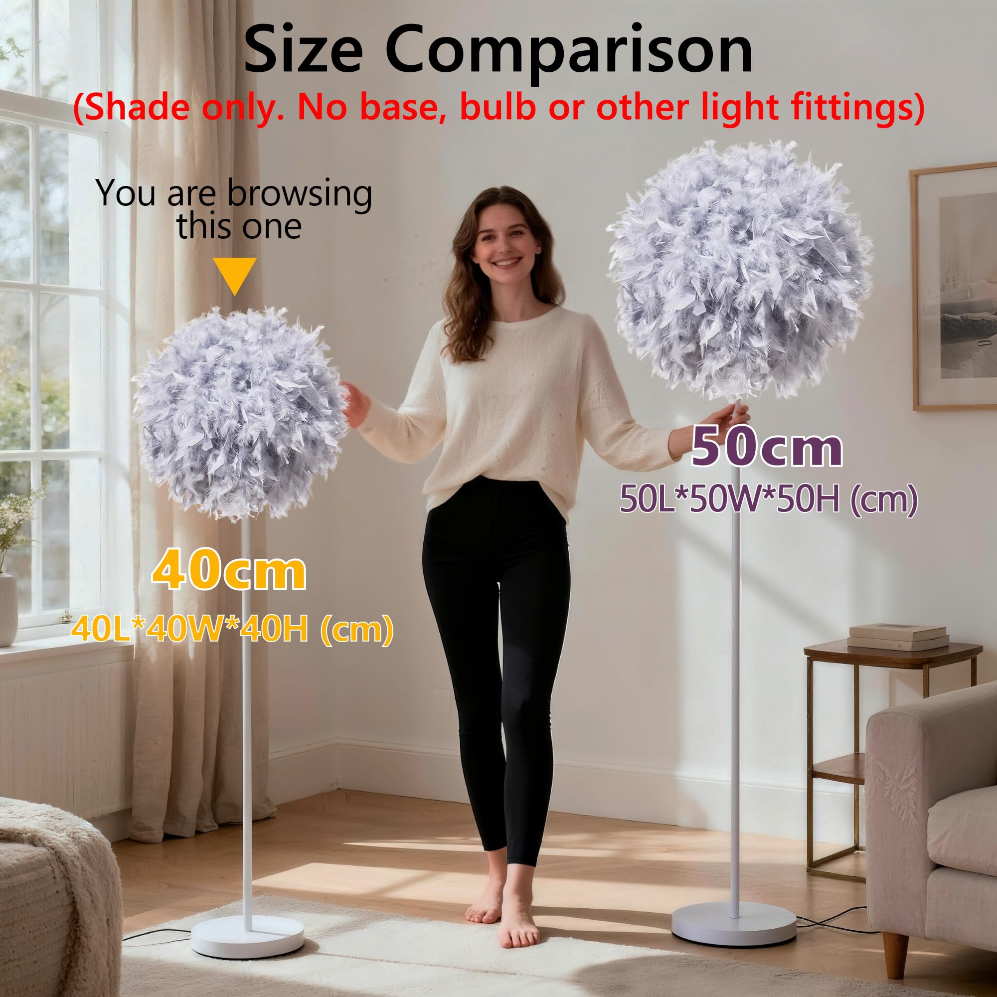 Waneway 40cm Sombra de Plumas Ligera para Lámpara de Techo, Sombra para Lámpara de Mesa o Pie, Dormitorio, Sala, Boda o Decoración, ID 30 cm, OD 40 cm, Gris