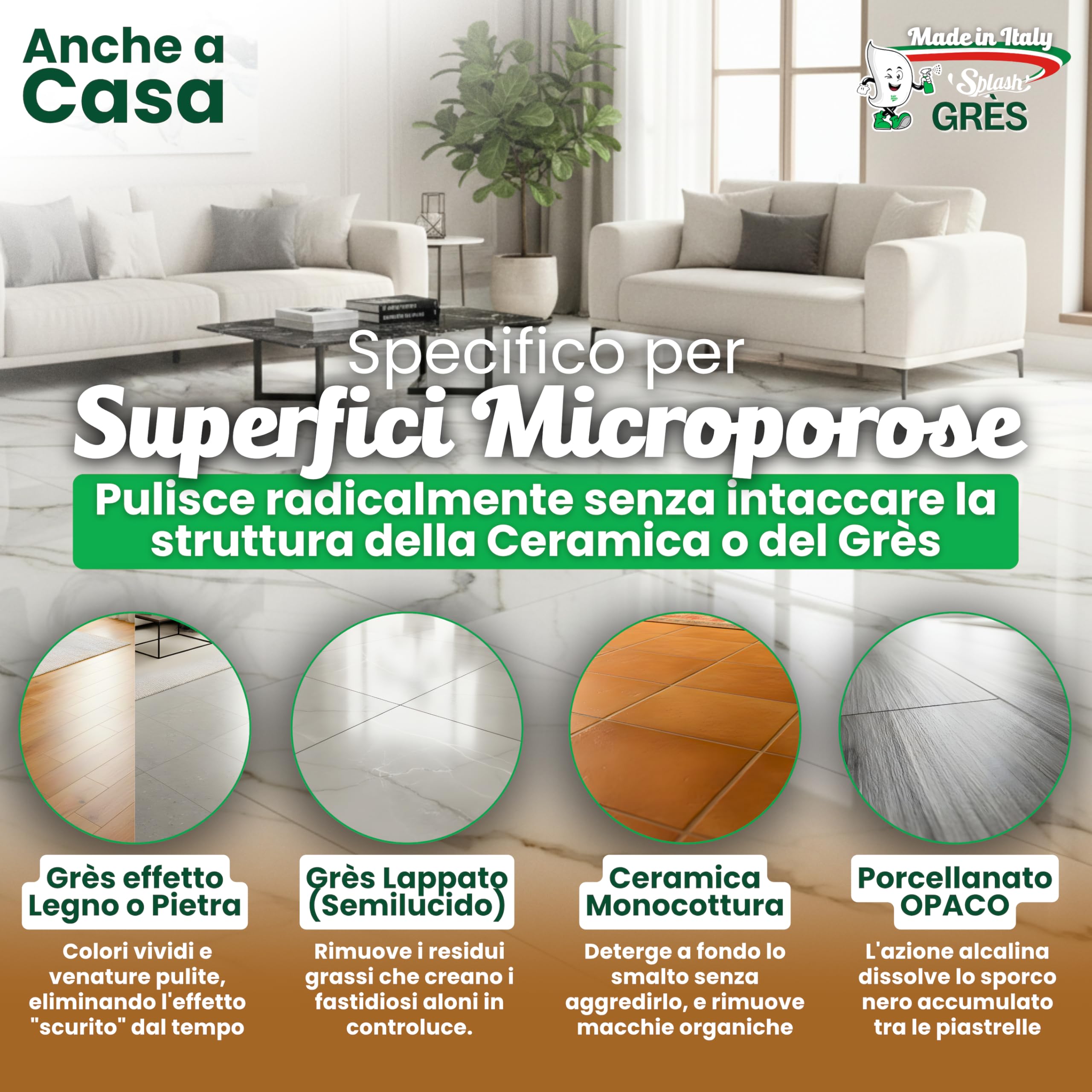 4PZ x 1L Lavapavimenti Professionale Alcalino - Formula pH 18 | Detergente per Grès Porcellanato e Ceramica - Azione Sgrassante - Uso Manuale e Lavasciuga - Prodotti Pulizia SPLASH GRES