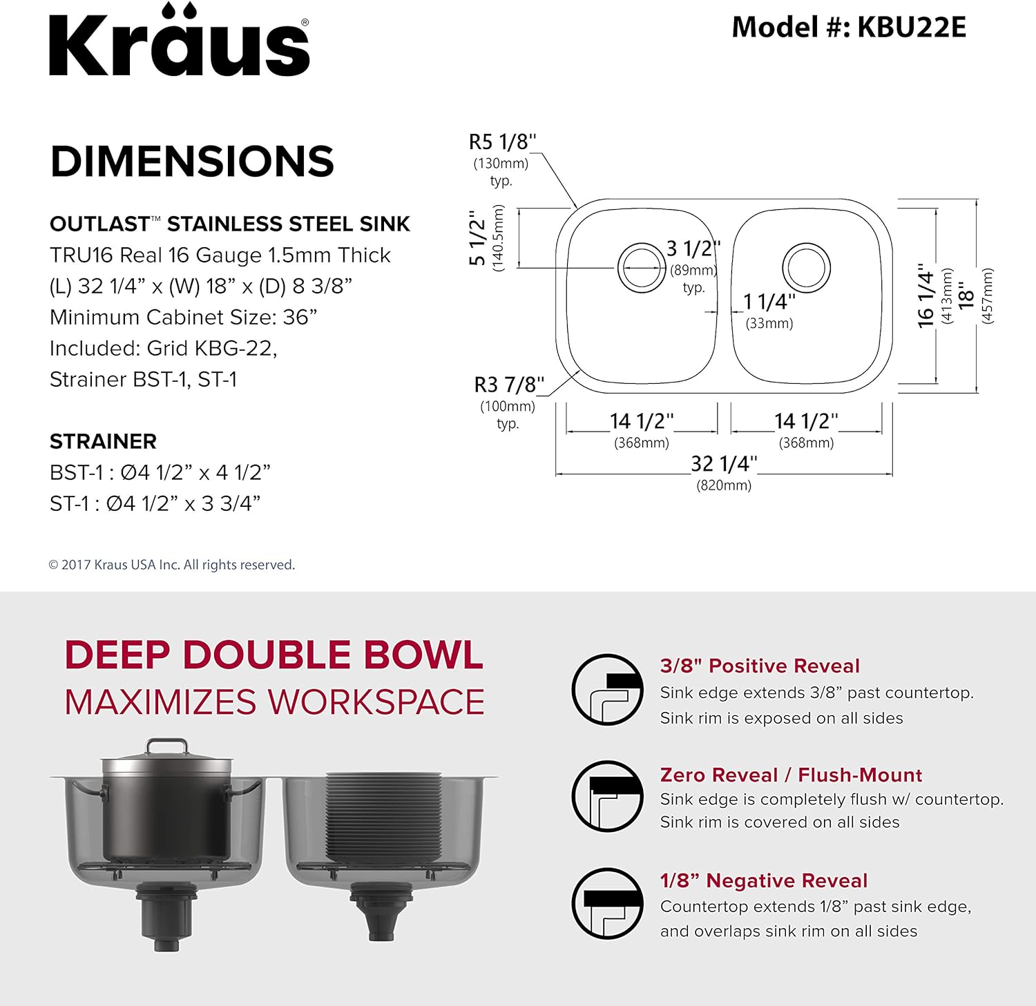 Product Deal Kraus Outlast MicroShield Scratch-Resist Stainless Steel Undermount 50/50 Double Bowl Sink, 32 16 Gauge, Premier Series KBU22E