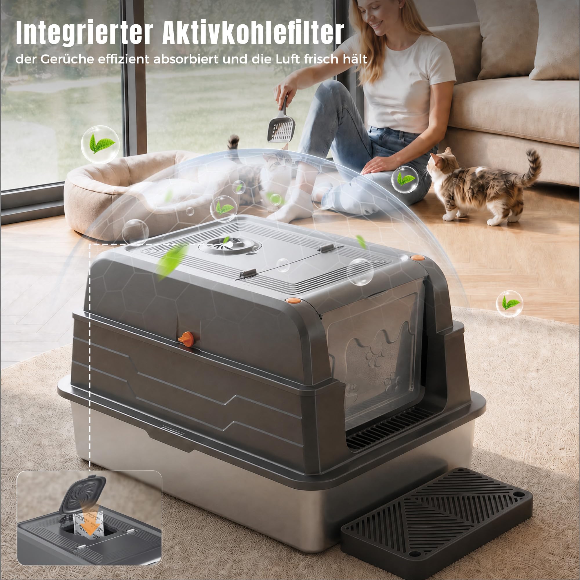 Geschlossenes Edelstahl Katzenklo, XXXL mit Deckel, auslaufsicher & spritzsicher, integrierter Aktivkohle-Deodorant + Katzenstreuschaufel, ideal für große Katzen und Mehrkatzenhaushalte