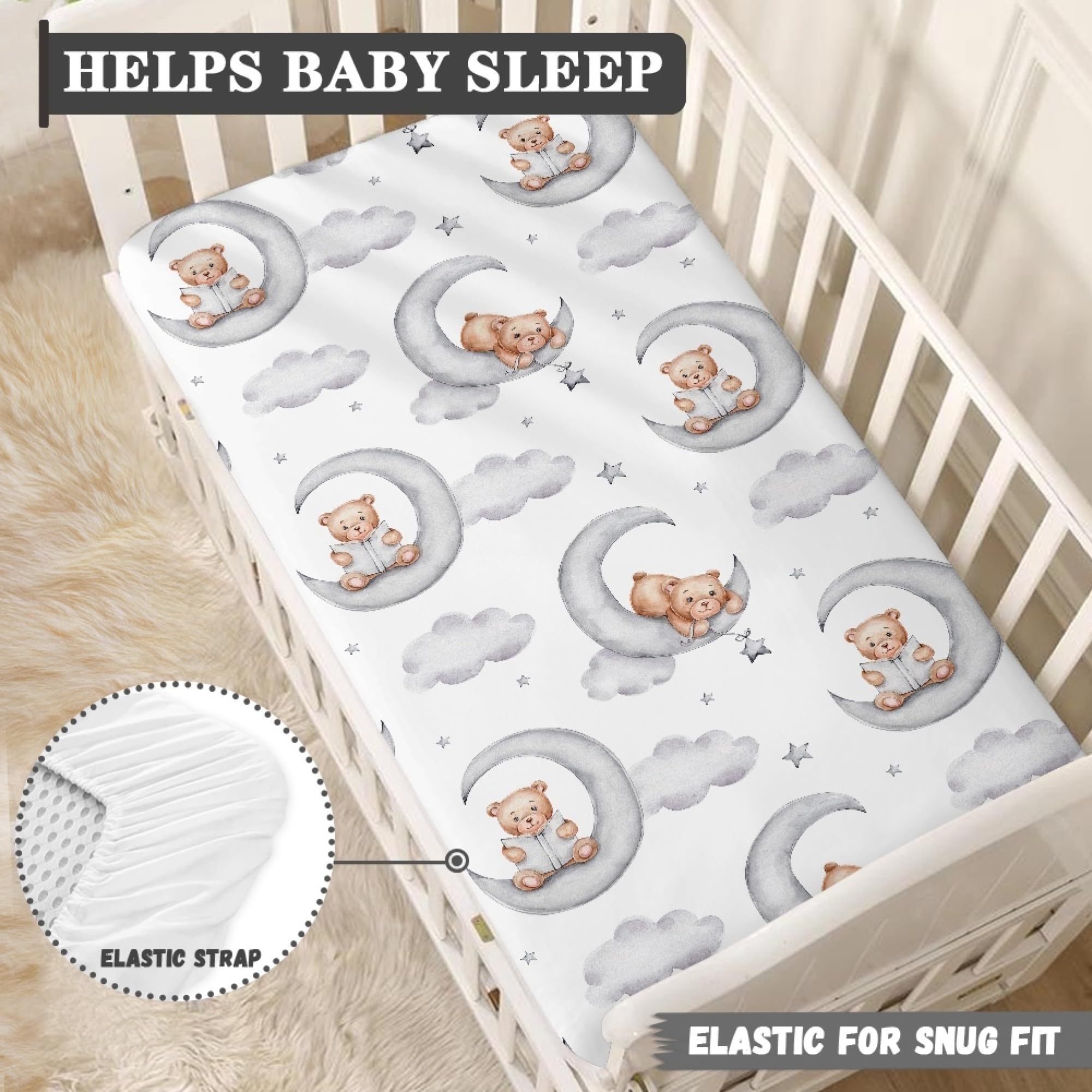 Sábana bajera ajustable para cuna, diseño de osos de peluche, color gris, para cuna, luna, estrellas, nubes, para cuna, para niños y niñas, 71 x 132 cm