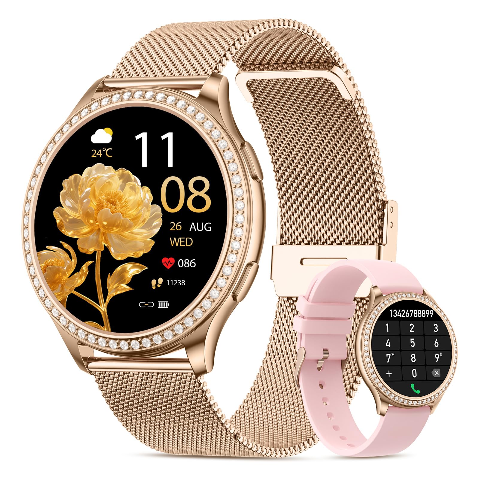 Women's Smart Watch 1.32" HD Smartwatch with Bluetooth Calls Heart Rate Monitor 120+ Sports Modes Female Function IP68 Sleep Monitor Pedometer Android iOS (Rose Gold)