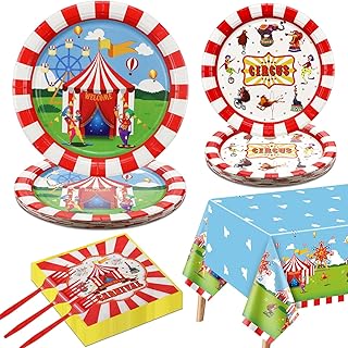 Carnival Party Supplies for 20 Guests, Disposable Tableware Set includes Carnival Paper Plates, Welcome to Circus Tablecloth, Napkins and Forks for Circus Carnival Party Decorations, Birthday Party