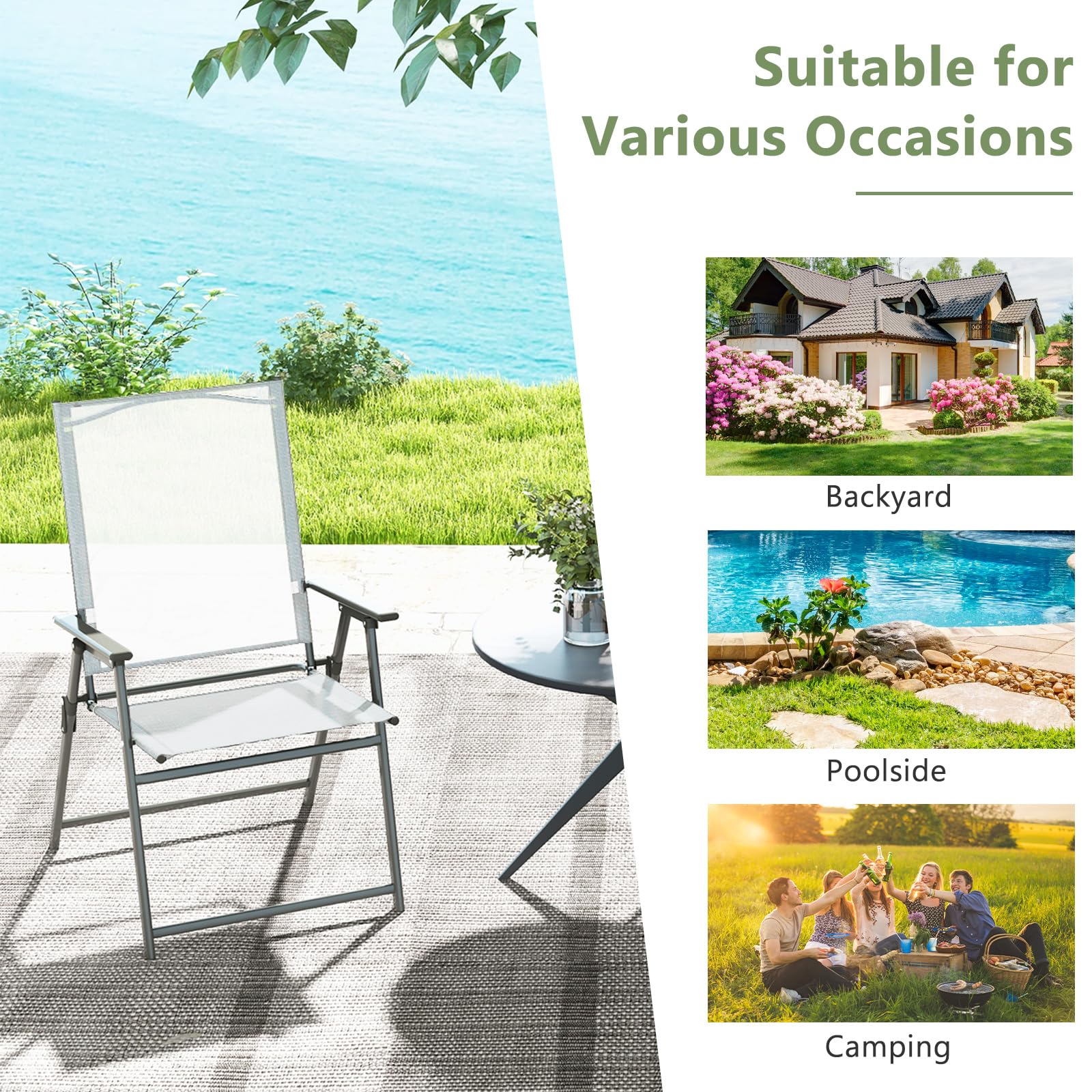 KOMFOTTEU Juego de 2/4 Sillas Plegables de Jardín, Sillas de Jardín Portátiles con Reposabrazos y Respaldo Alto, Sillones Ergonómicos con Carga de 150 kg, Asiento para Exterior (Blanco x 4)