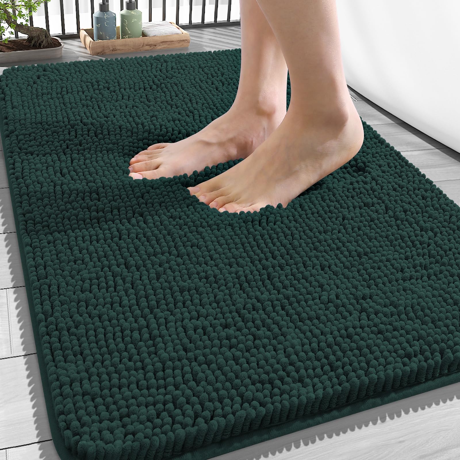 OLANLY Bathroom Rugs 34x21, Extra Soft Absorbent Chenille Bath Rugs | Blackish Green, Quick-Drying Rubber Backing, Washable Bath Mat for Bathroom Floor, Tub and Shower, Home Decor Accessories