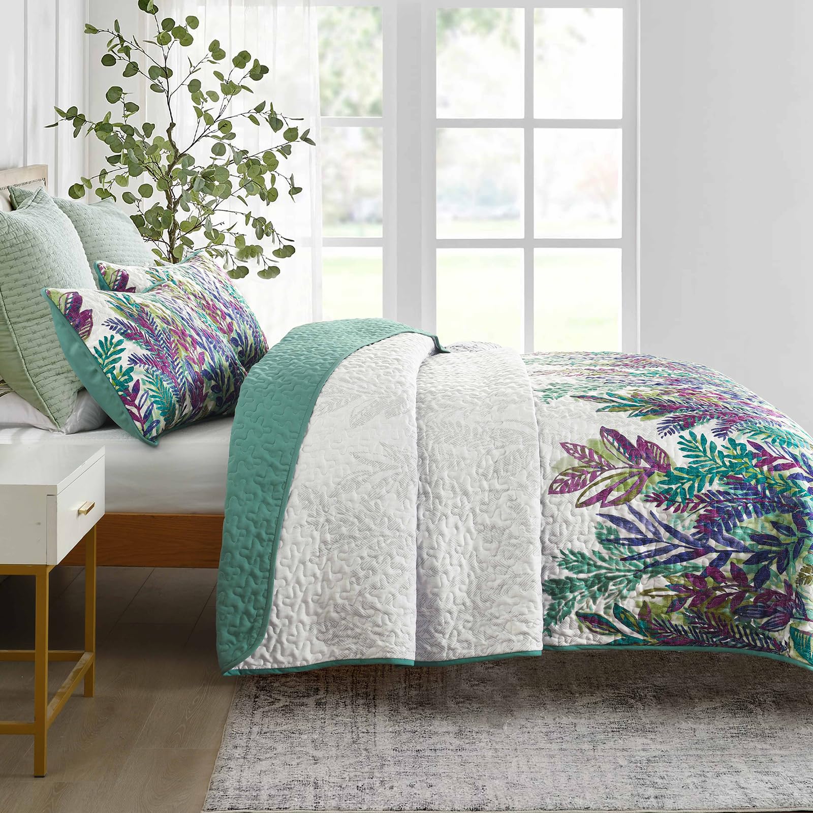 WONGS BEDDING Blaues Bettwäsche-Set King Size – Mit Blumenmuster, 3-lagige Tagesdecke + 2 Kissenbezüge