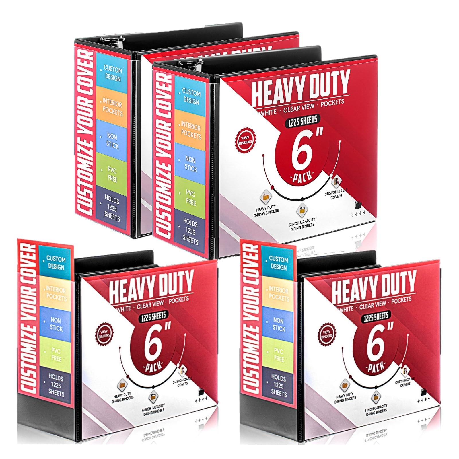 Sinload 4 Pcs 6 Inch Large Ring Binders with Pockets 3 Ring Binder 8.5" x 11" Presentation Folder View Binder with Customizable Clear Cover for