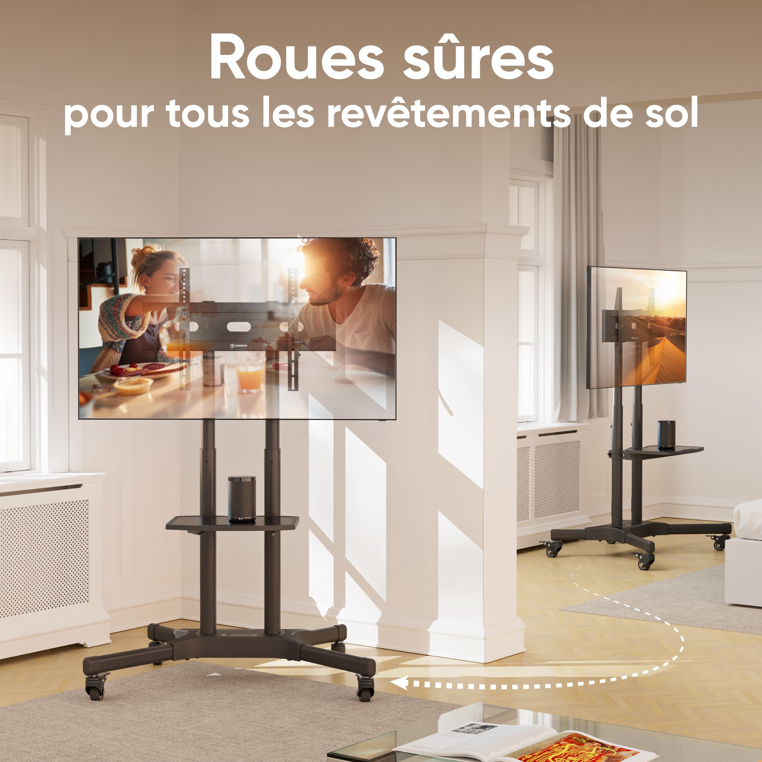 ONKRON Support TV roulettes pour 32-65 Pouces Charge Max 50 kg, Support TV sur Pied avec roulettes VESA 100x100-600x400, Chariot Television Hauteur Réglable, Chariot Télé Roulant Noir TS1351-B