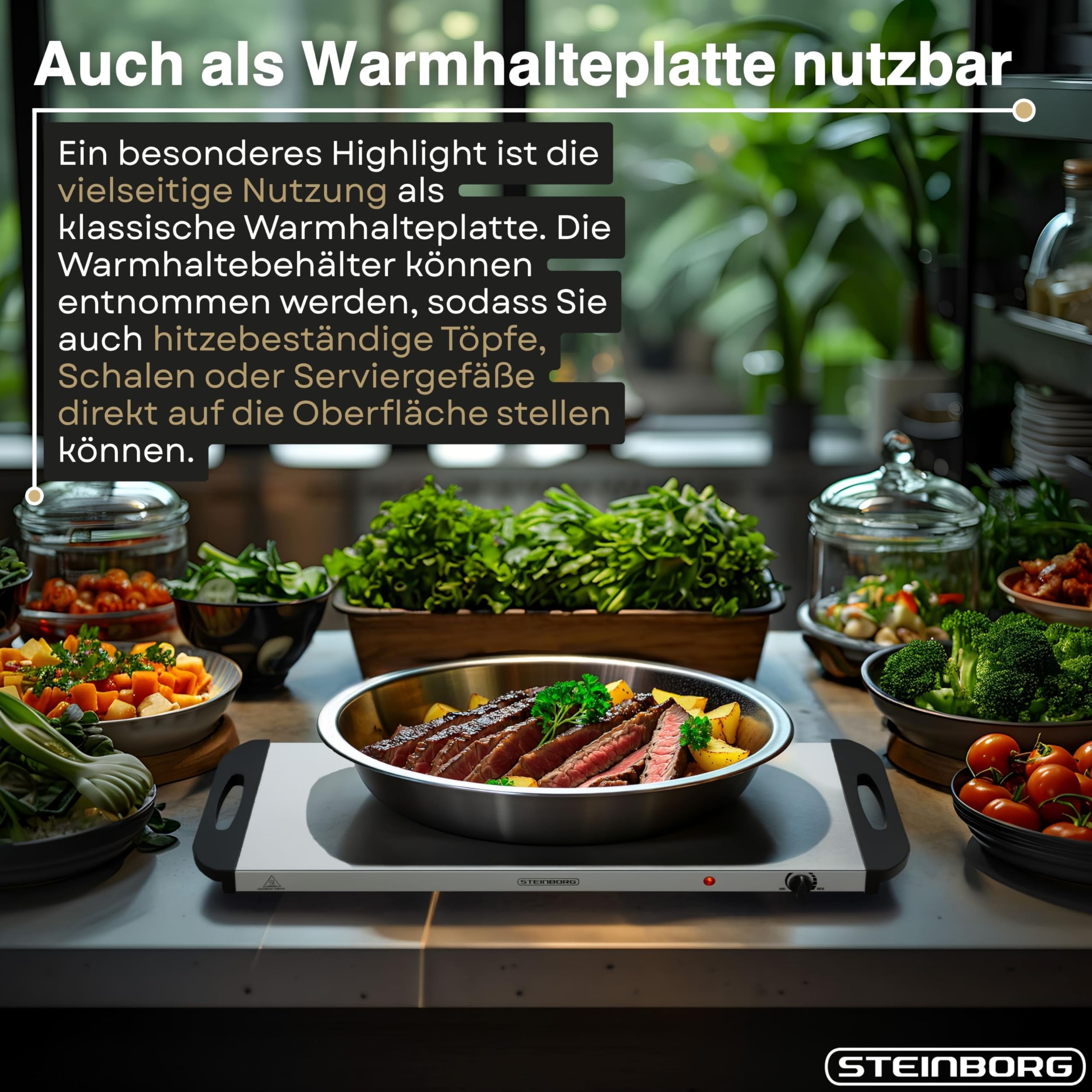 Steinborg® Elektrischer Buffetwärmer 3 Schalen – Speisenwärmer 450W Temperaturregelung, Warmhalteplatte mit 2 x3,7L + 1x2,5L Behältern Warmhaltebehälter Buffet Server für Partys, Catering und Familie
