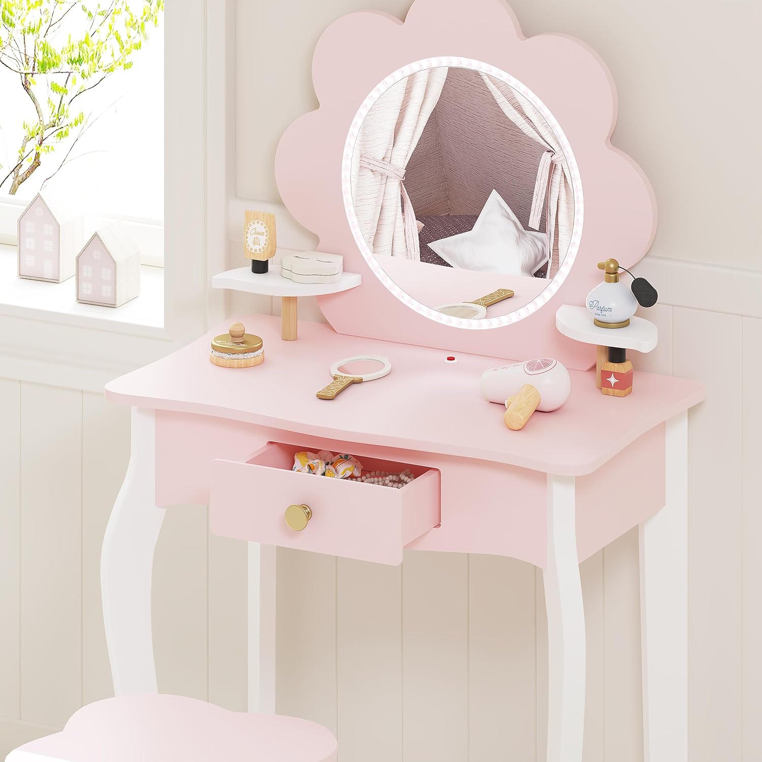 Spirich Kids Vanity, Girls Vanity Set with Mirror and Stool and Lights, Kids Vanity Table and Chair Set, Wooden Princess Makeup Desk Dressing Table (Flower Shape with LED Strip)