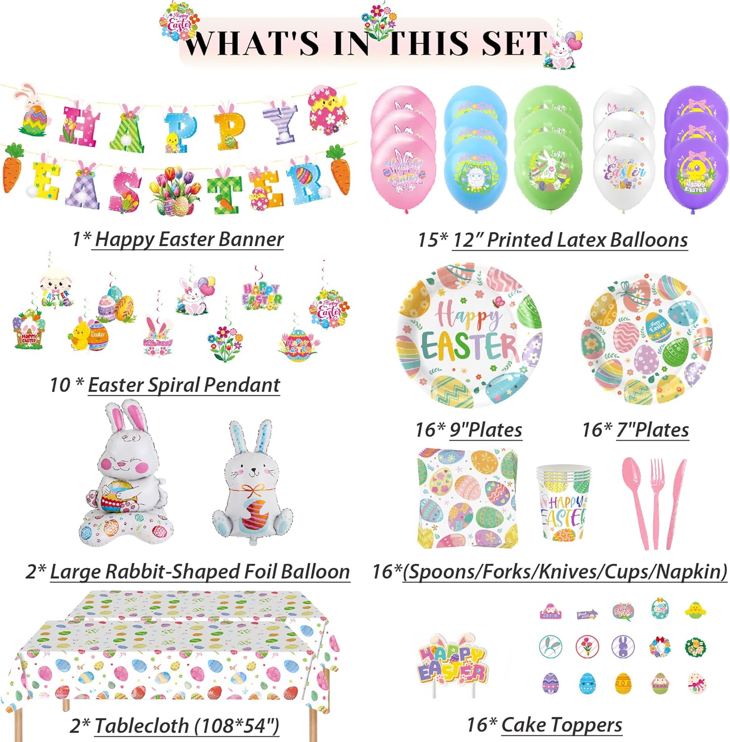 Happy Easter Themed Party Supplies, Plates Napkins Cups Tableware, Happy Easter Banner, Hanging Swirls, Egg Tablecloth, Bunny Foil Balloons, Cake Topper, Printed Rabbits Balloons for Kids and Adults