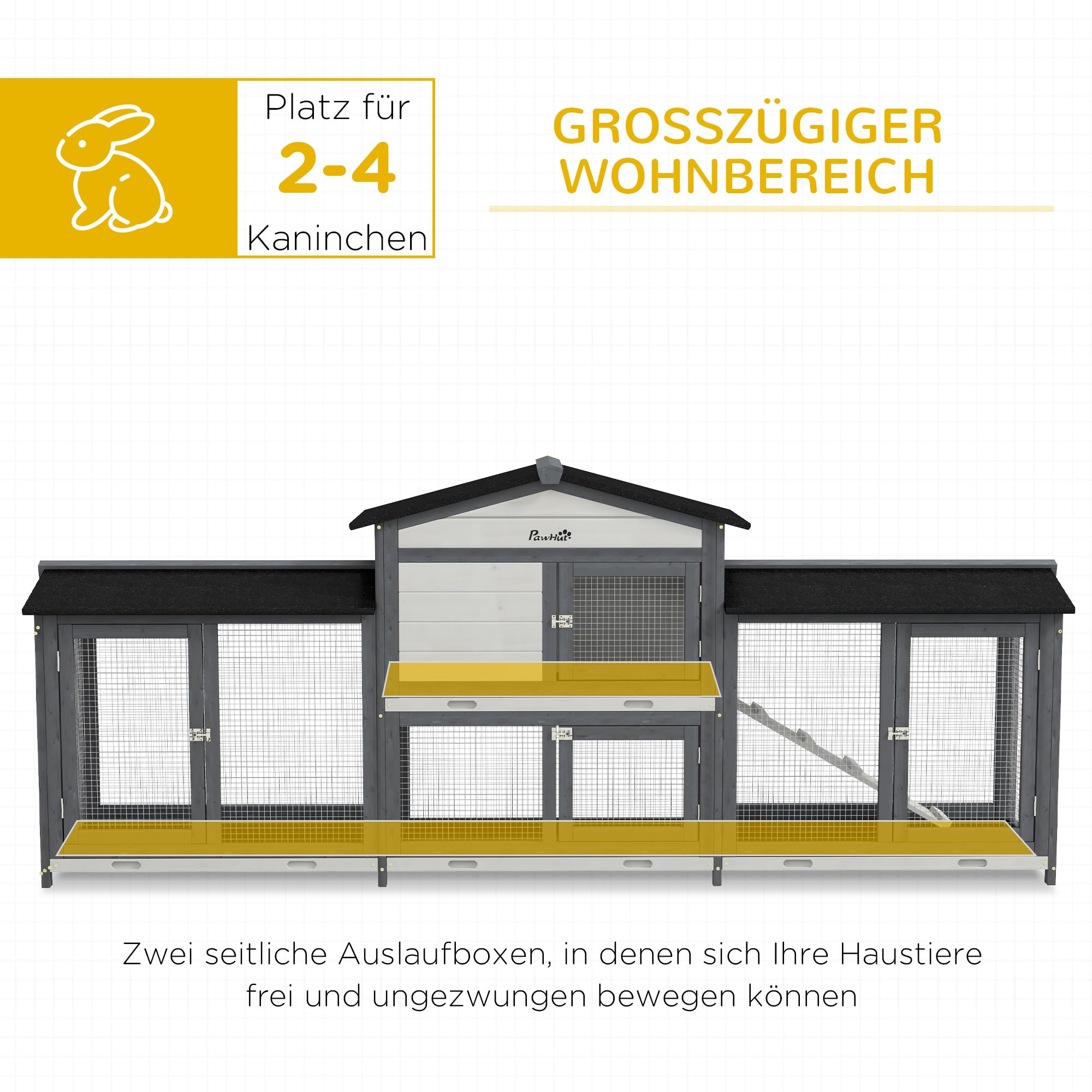 PawHut Hasenstall 2 Etagen Kaninchenstall aus Holz 230 x 53 x 93,5 cm Kaninchenkäfig mit Rampe, Freilaufgehege, Mehreren ausziehbaren Bodenwannen, Bitumendach, Tür, Hasenkäfig für draußen Hellgrau
