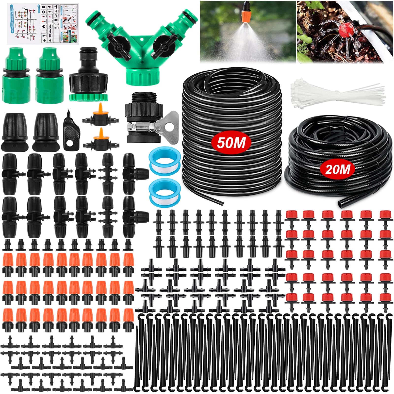 JUQG 297 Pcs Sistema de Riego por Goteo, Sistema de Riego Jardín, 50m+20m Kit de Riego, Jardín de Vegetales Sistema de Riego Automático de Bricolaje, Adecuado Jardines, Céspedes, Mmacetas y Granjas