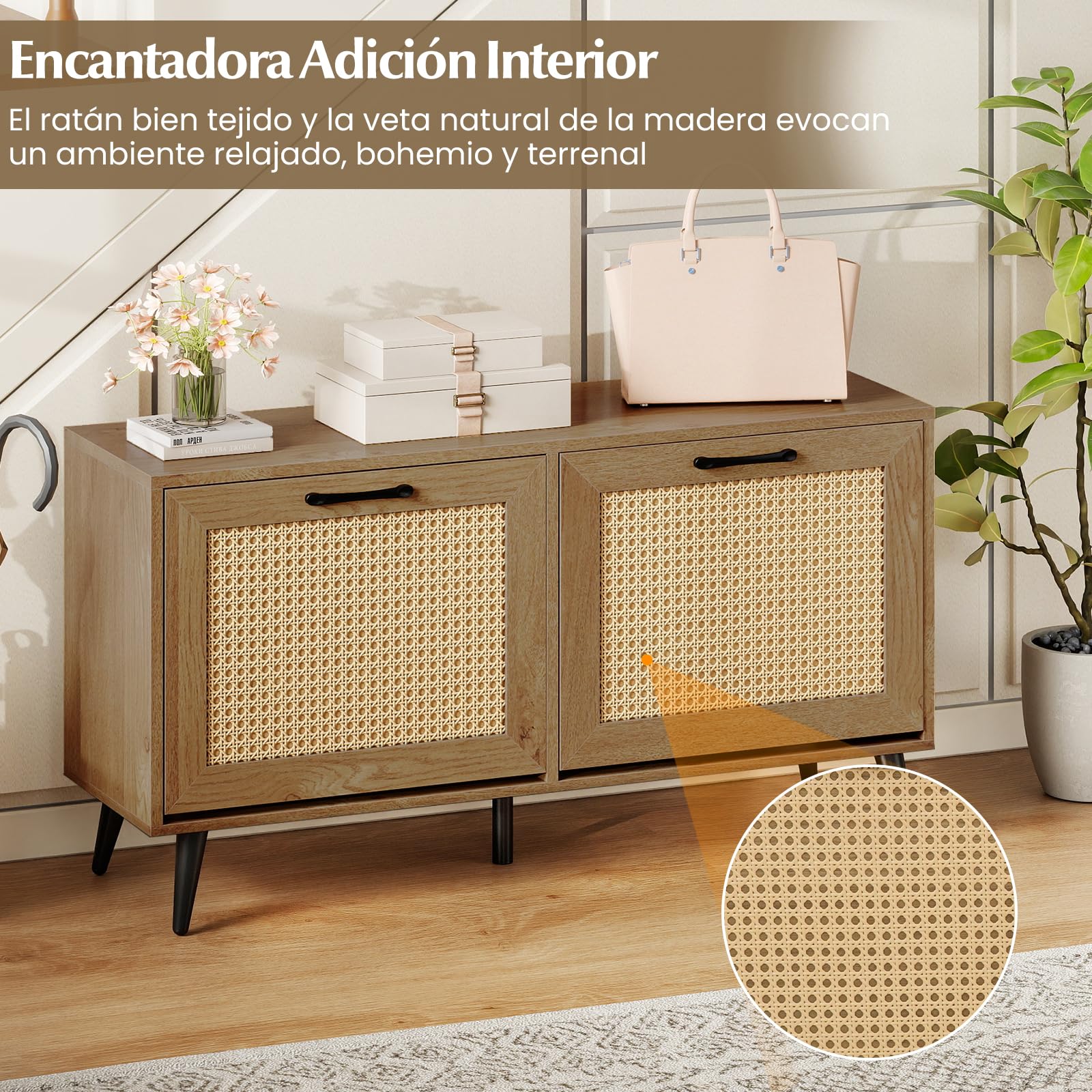 COSTWAY Armario Zapatero, Mueble Zapatero de Ratán con 2 Cajones Abatibles, Superficie Amplia, Estantes Ajustables y Patas de Metal, Entrada Pasillo Recibidor, 100 x 30 x 53 cm