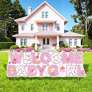 Welcome Baby Girl Yard Sign Decoration, Pink Baby Shower Yard Sign with Stakes Pink Gender Reveal Lawn Sign Outdoor Decor for Girls Welcome Home Newborn Announcement Party Supplies