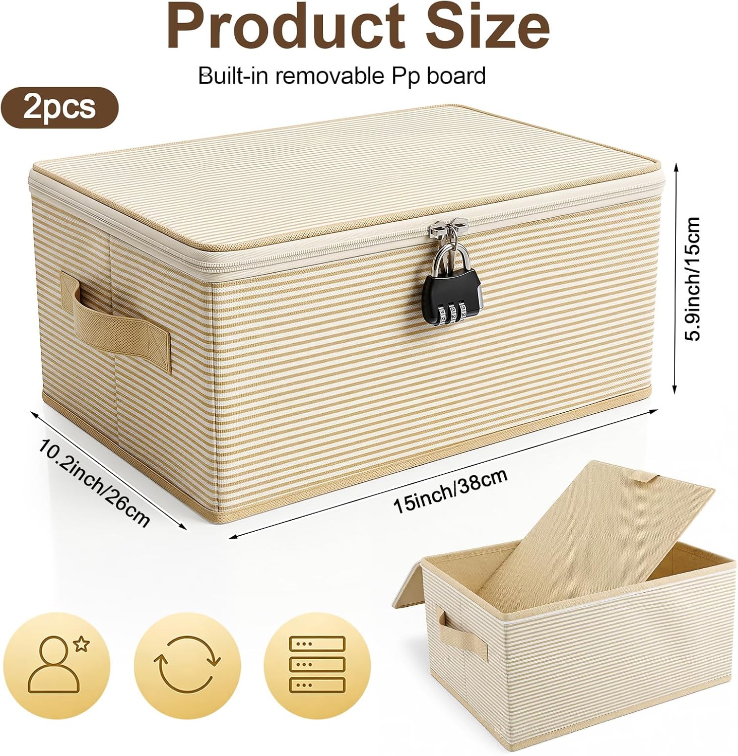 2 Pack Discreet Lockable Storage Organizer with Combination Locks, 15 x 10 x 6 Inches Foldable Toy Bag Storage Bins for Women and Men Clothes Container (Coffee Brown Stripes)
