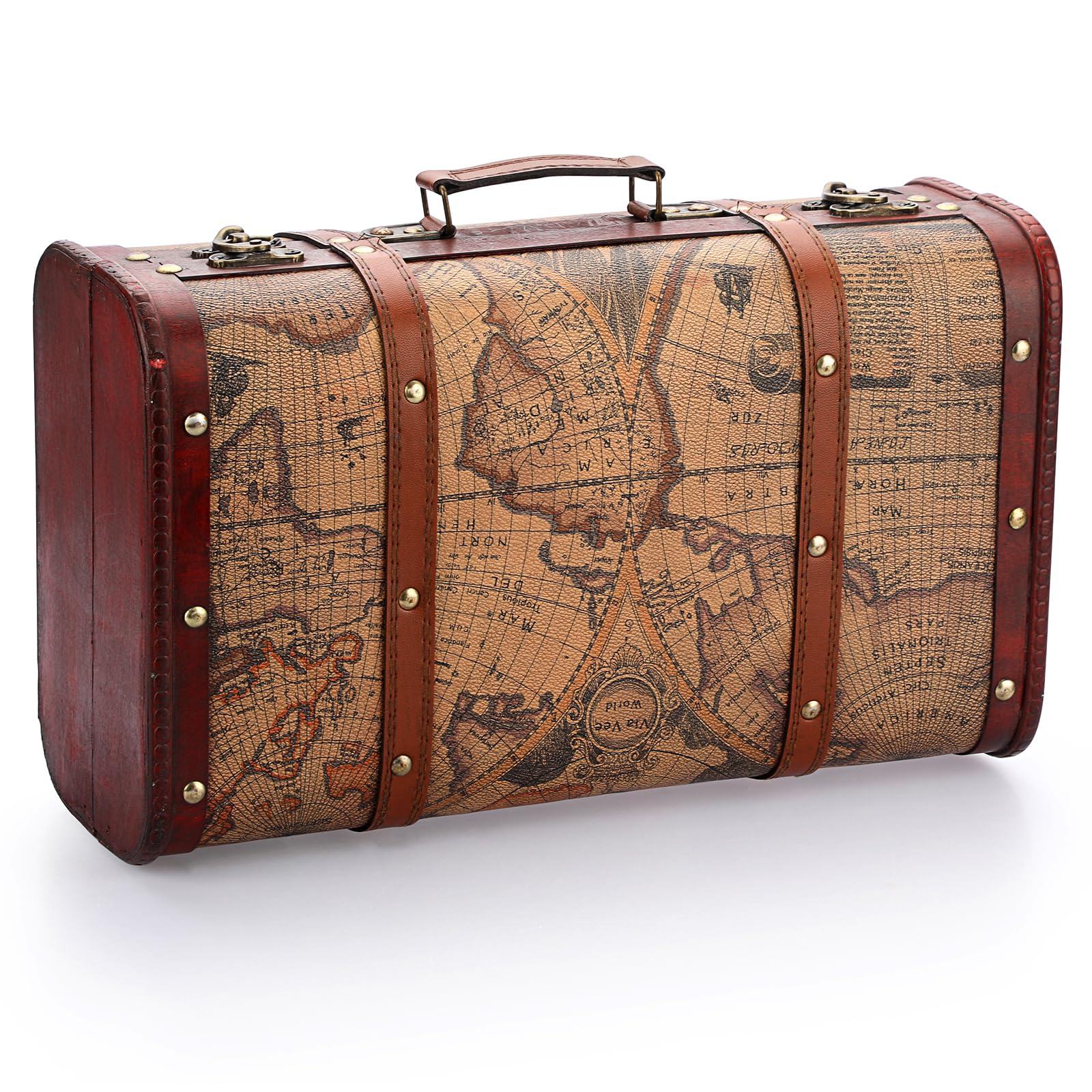 IGNPION Wooden Pirate Treasure Chest Box with Map Motifs, Vintage Style Gift Box, Home Decorative Shelf Chest Jewelry Trinket Storage Box, Wood Keepsake Box (XXL)