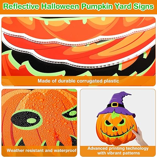 Miniatura 3 de Soaoo Paquete de 6 carteles fluorescentes de calabaza de Halloween de 16 pulgadas con estacas, caras espeluznantes y sombrero de bruja, letreros de