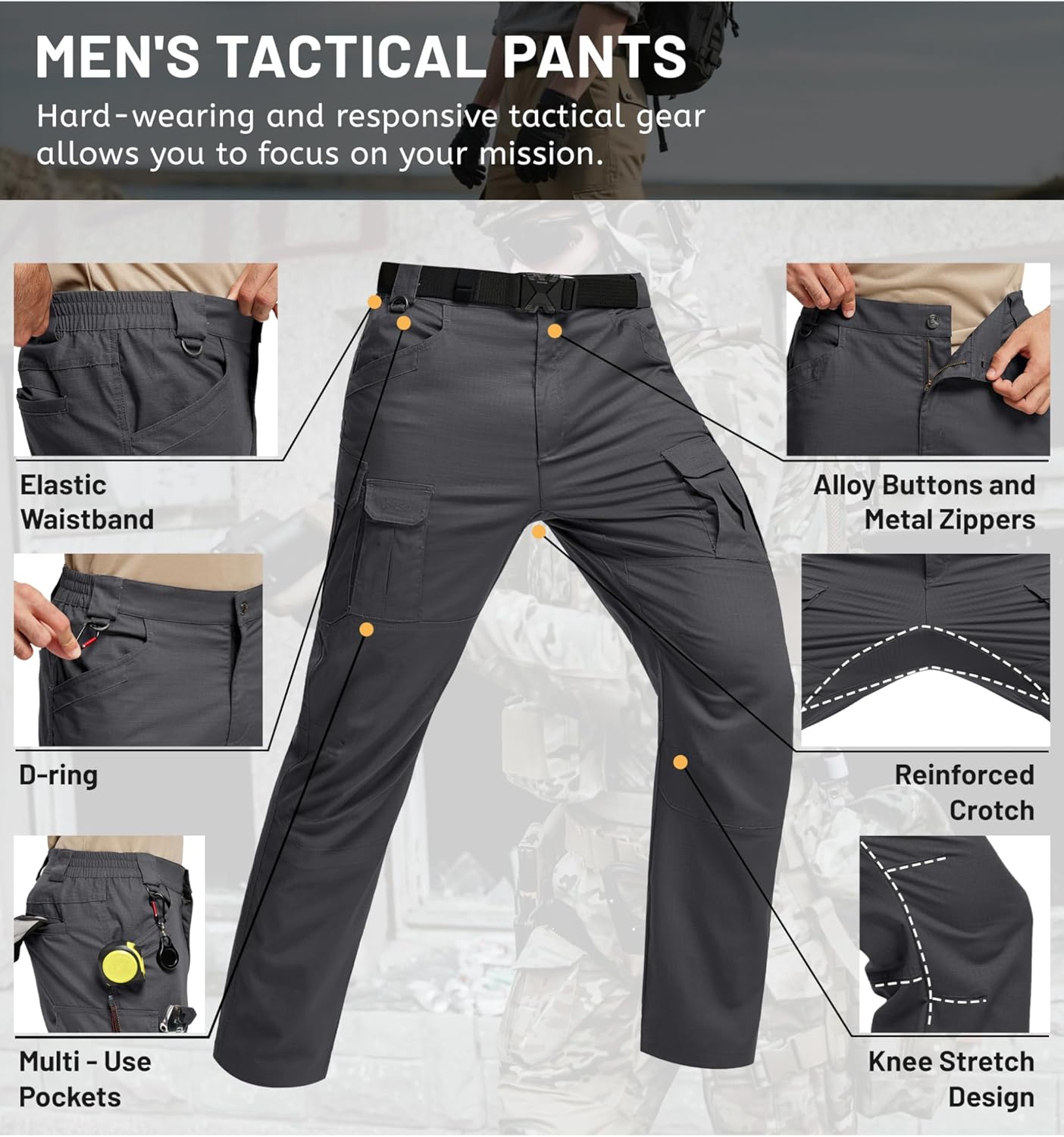 TACVASEN Mens Hiking Pants Waterproof Ripstop Lightweight Breathable Stretch Work Tactical Outdoor Pants with 8 Pockets - Image 7