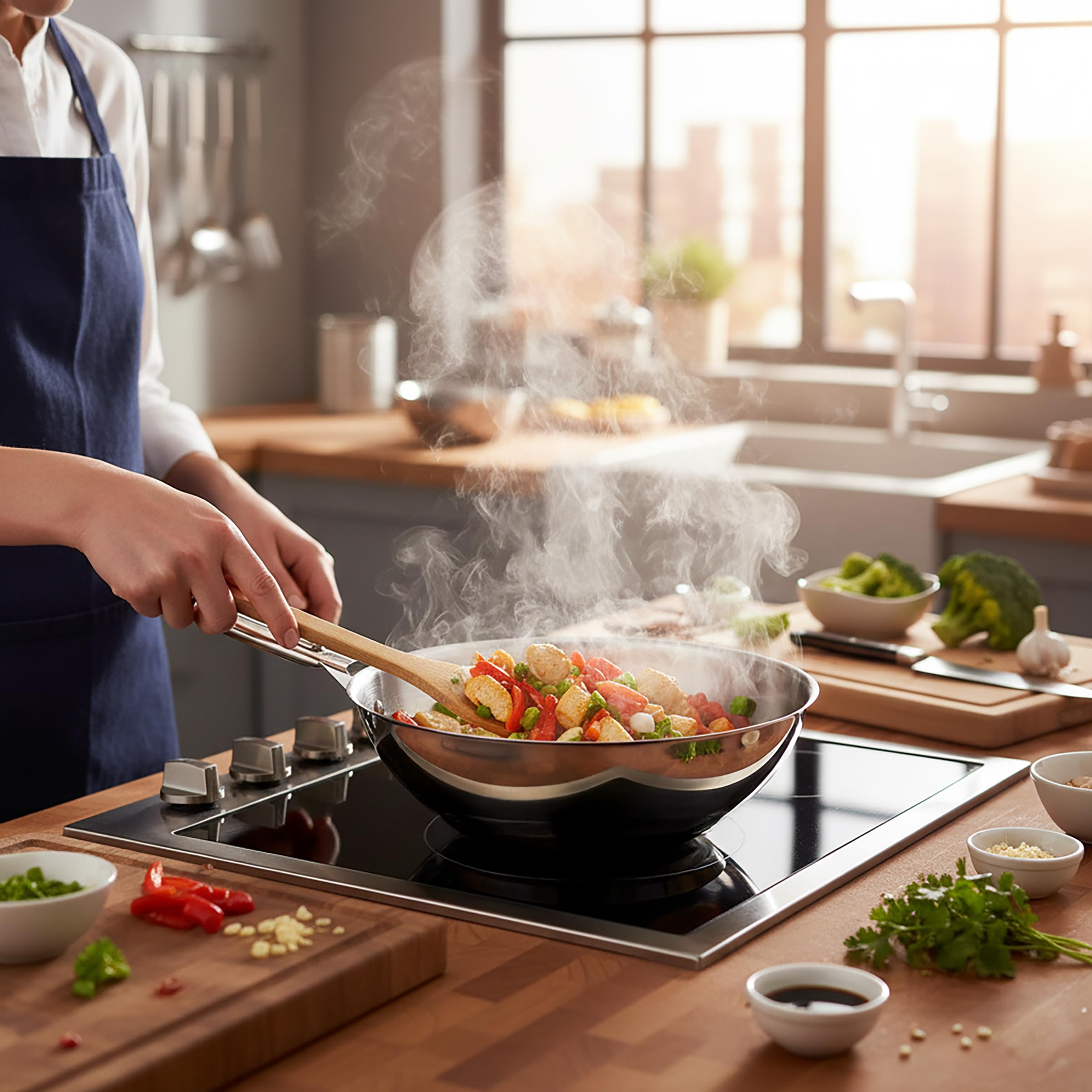 Cuisinox - Eclipse - Wok 28 cm tout inox - Fond encapsulé - Compatible tous feux dont induction - Acier Inoxydable 18/1 - Finition miroir - Poignée amovible effet bois